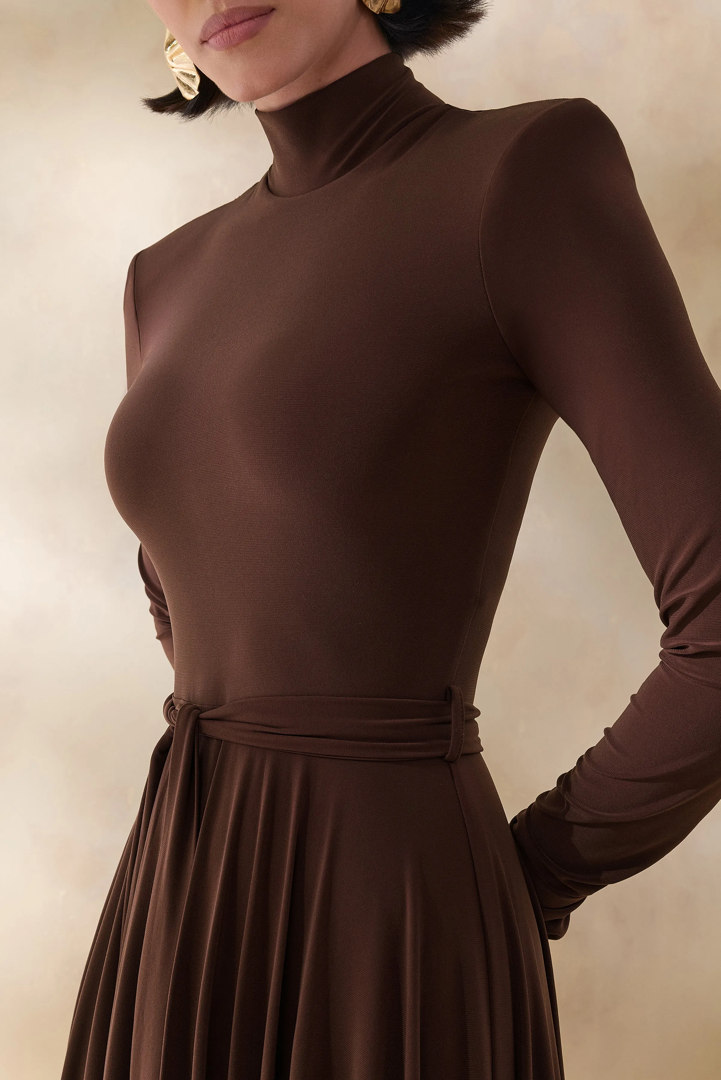 Opalia | Brown High-Neck Belted Midi Dress sold by Club L London product image thumbnail 3