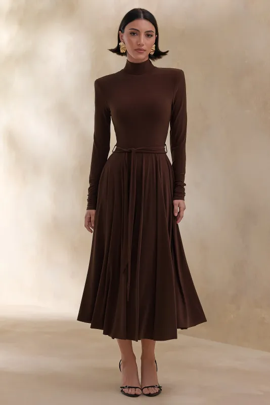 Opalia | Brown High-Neck Belted Midi Dress sold by Club L London