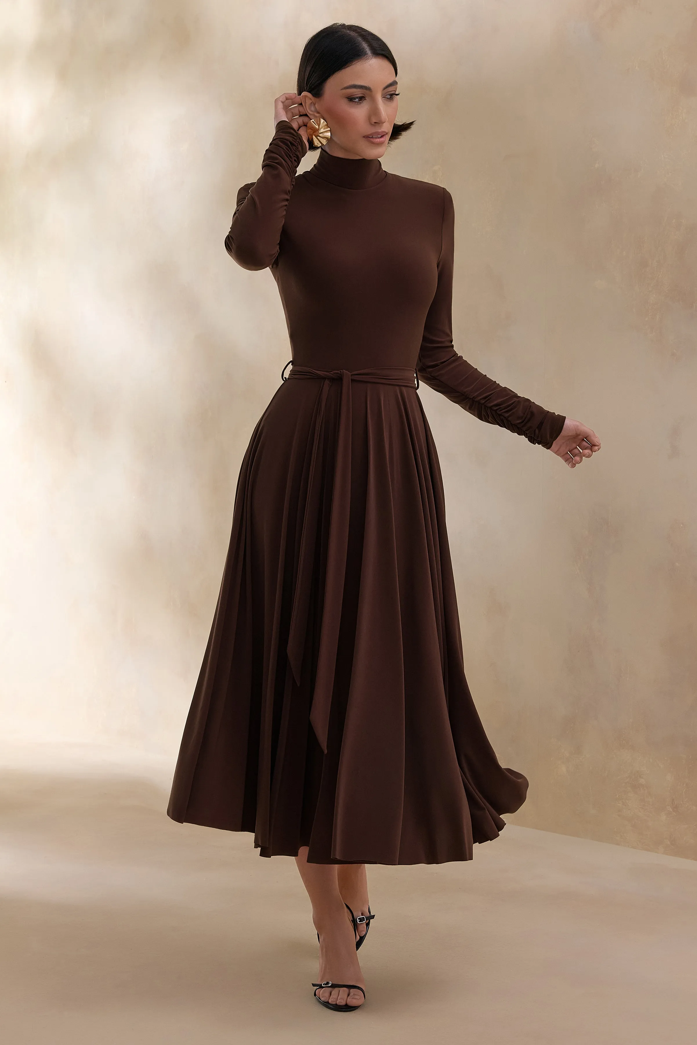 Opalia | Brown High-Neck Belted Midi Dress sold by Club L London product image thumbnail 5