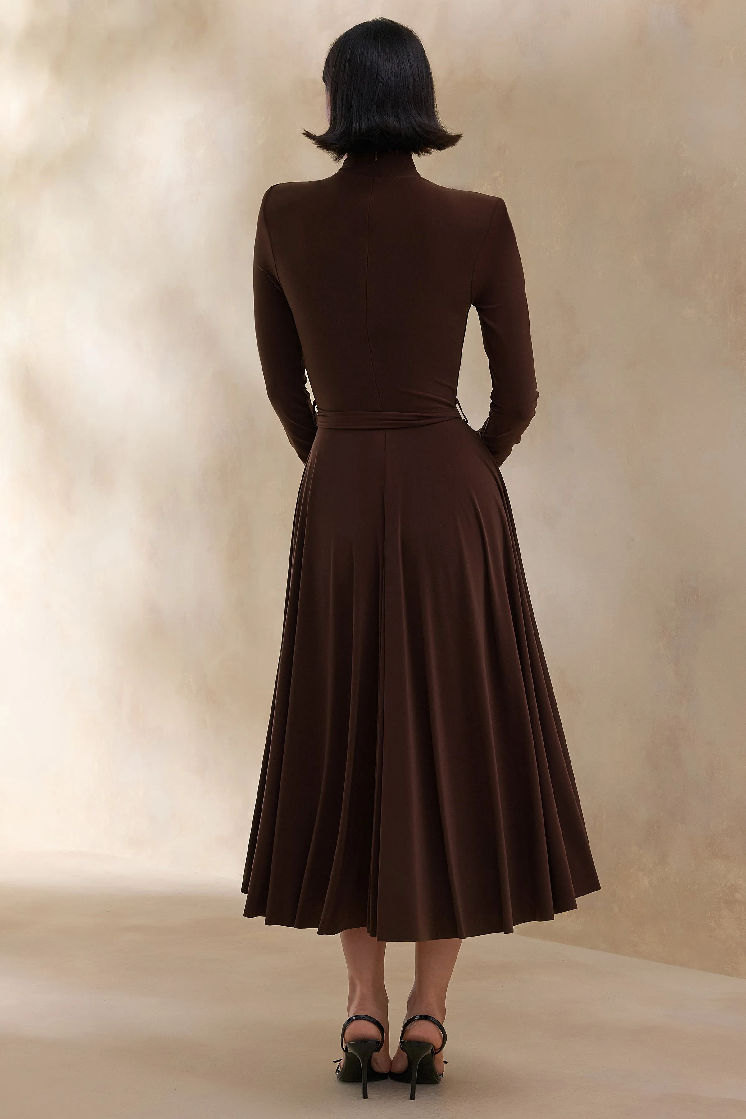 Opalia | Brown High-Neck Belted Midi Dress sold by Club L London product image thumbnail 2
