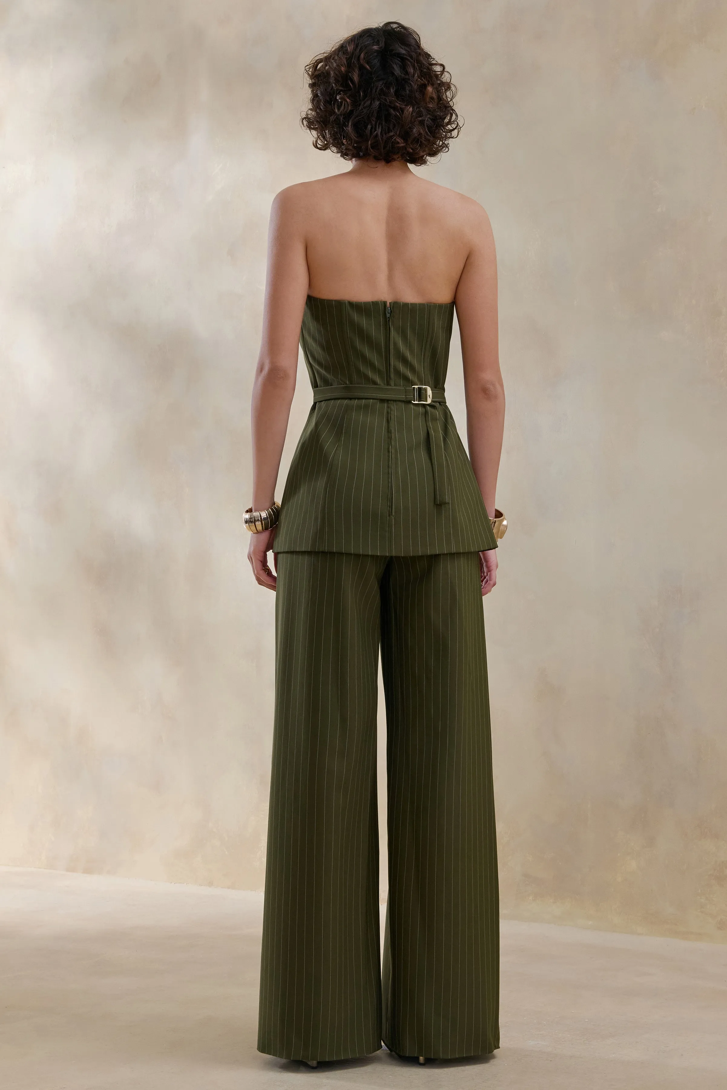 Hesper | Olive Pinstripe Wide-Leg Tailored Trouser sold by Club L London product image thumbnail 2