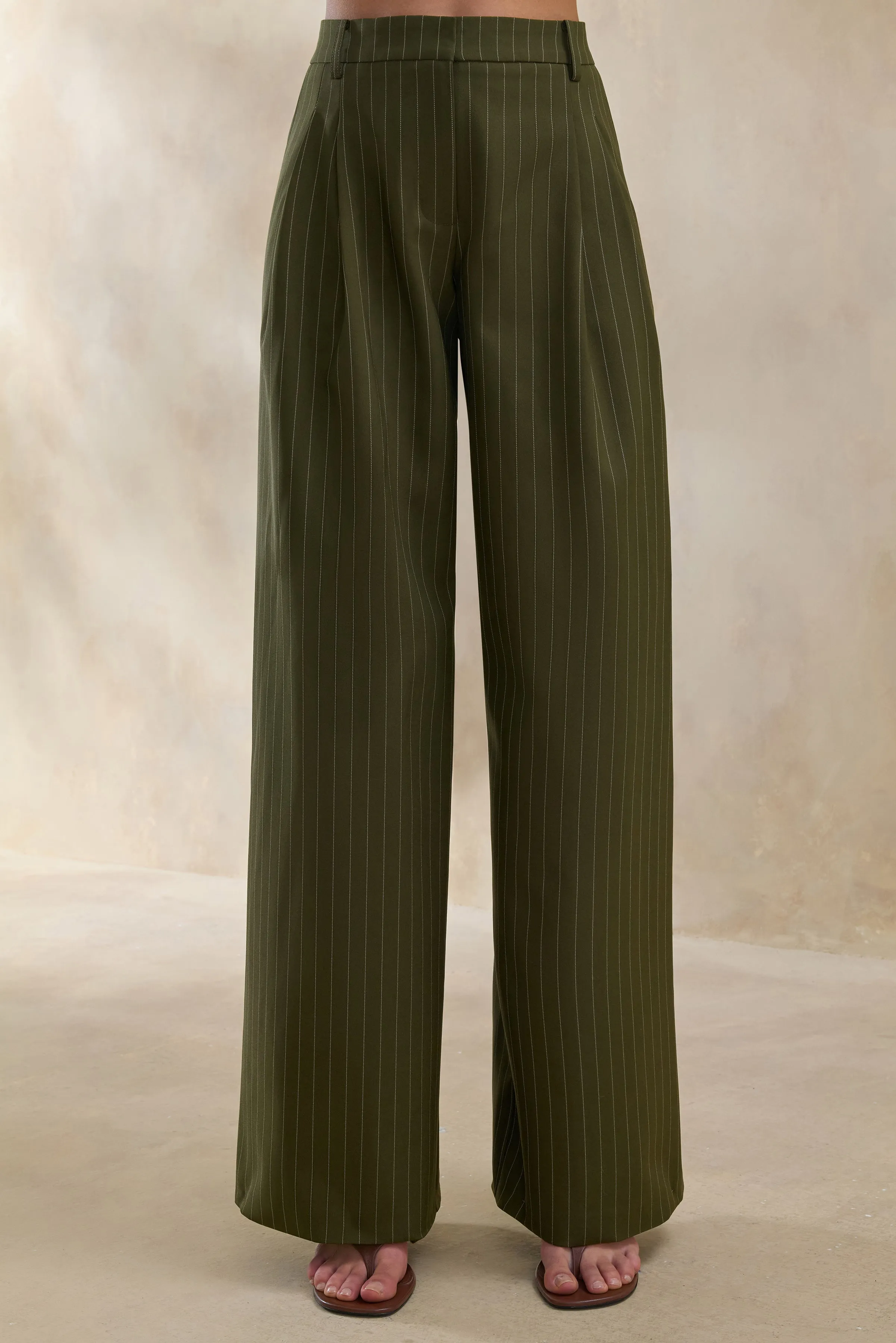 Hesper | Olive Pinstripe Wide-Leg Tailored Trouser sold by Club L London product image thumbnail 3