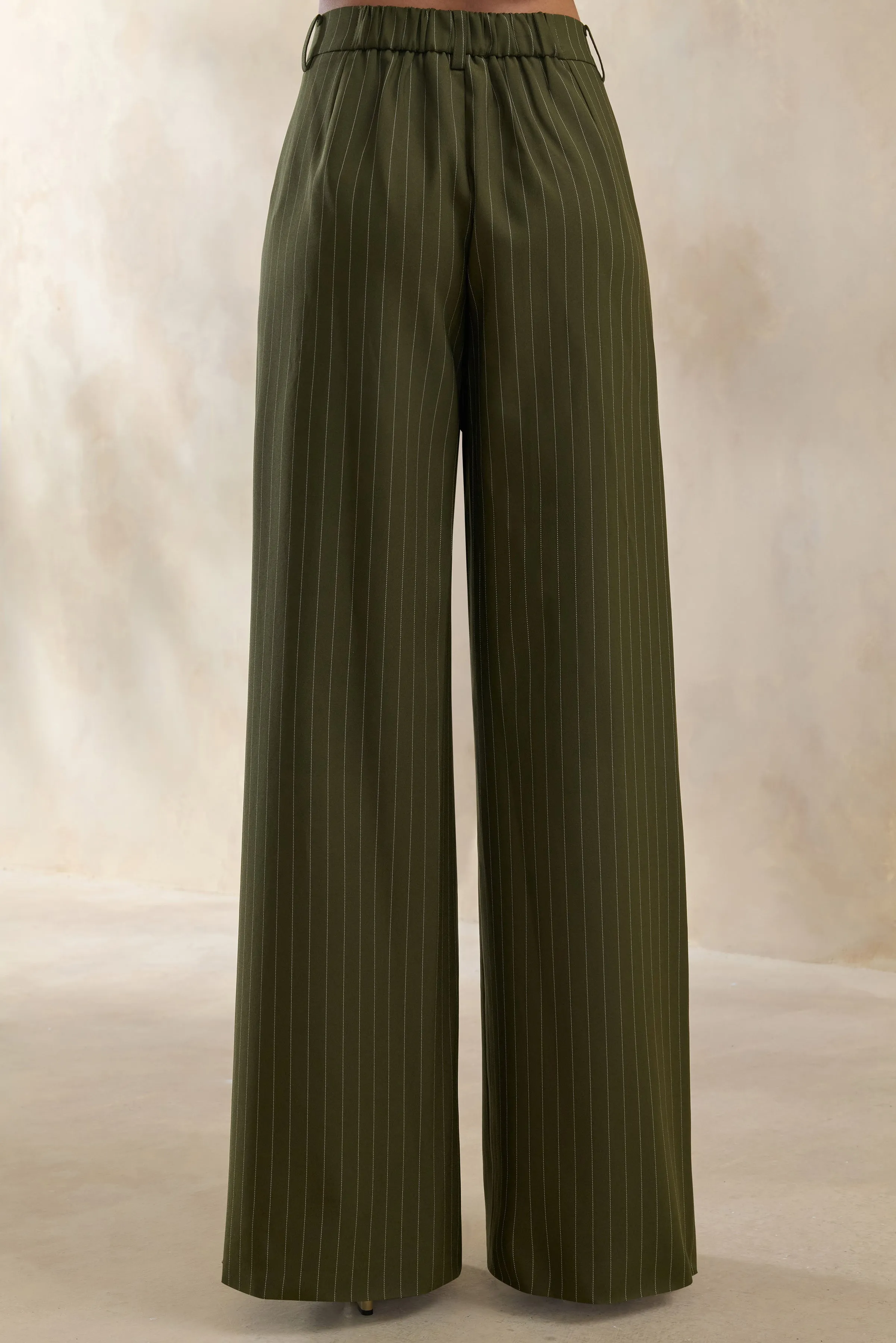 Hesper | Olive Pinstripe Wide-Leg Tailored Trouser sold by Club L London product image thumbnail 4