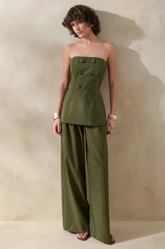 Hesper | Olive Pinstripe Wide-Leg Tailored Trouser sold by Club L London
