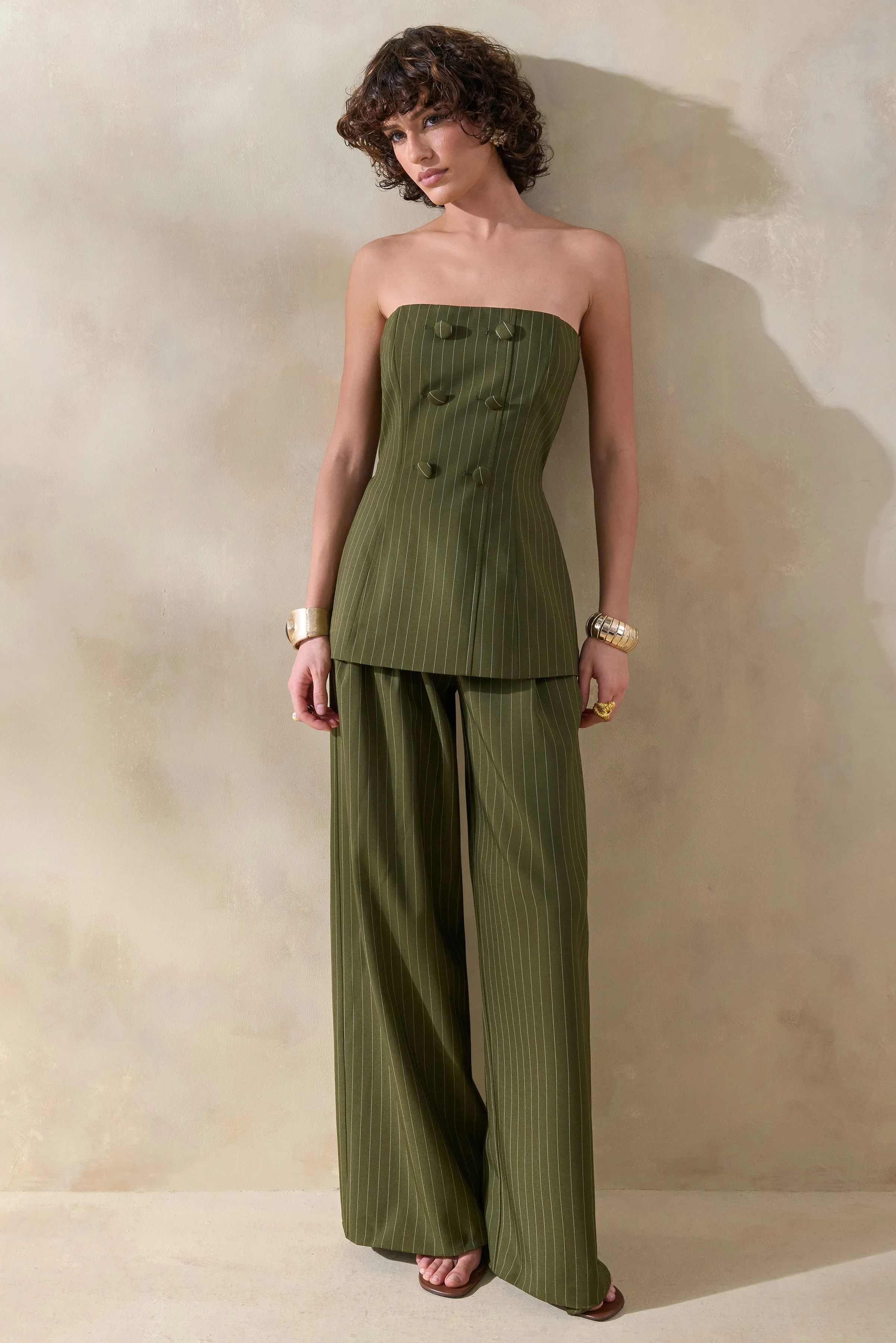 Hesper | Olive Pinstripe Wide-Leg Tailored Trouser sold by Club L London