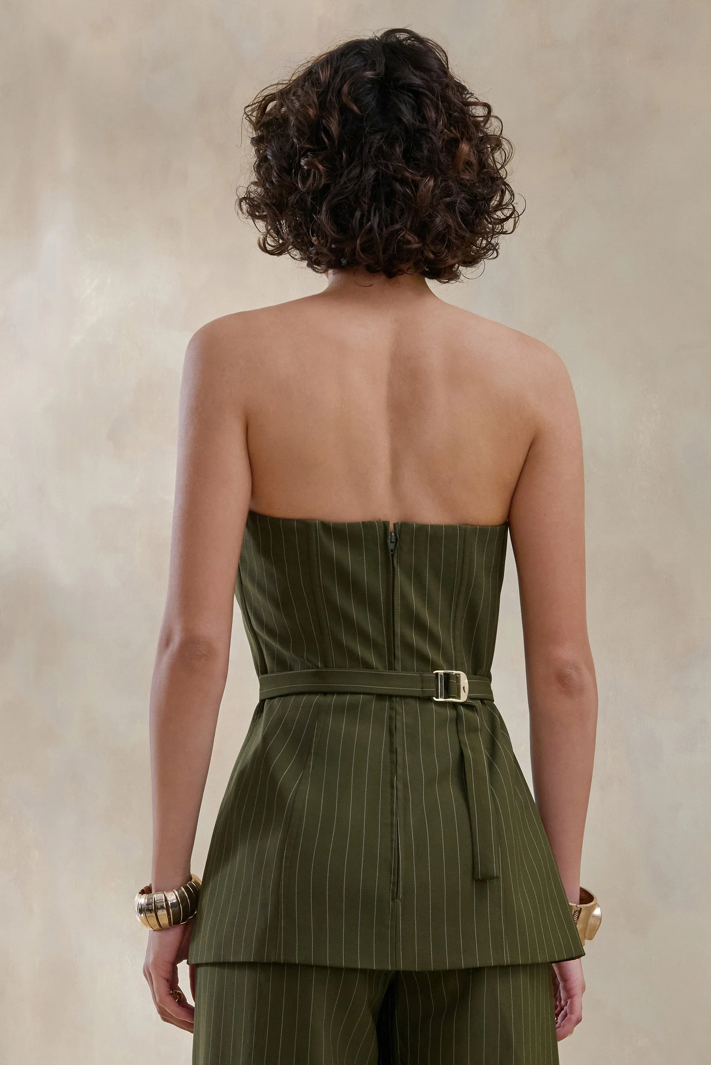 Fable | Olive Pinstripe Bandeau Tailored-Top sold by Club L London product image thumbnail 2