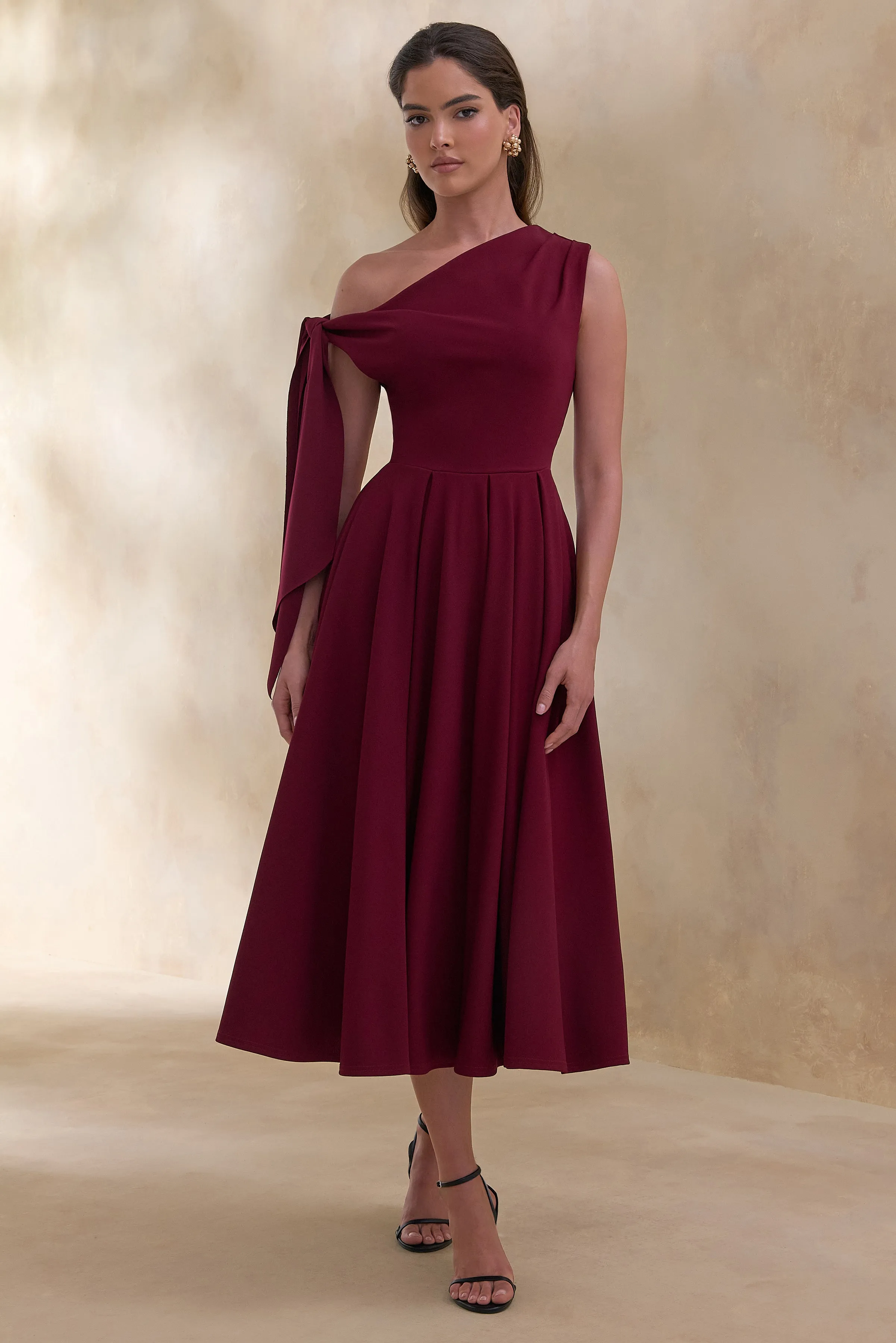 Daring | Burgundy Asymmetric-Neck Midi Dress With Knot-Detail sold by Club L London product image thumbnail 4
