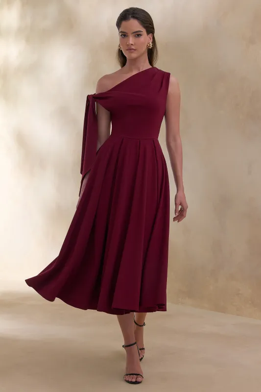 Daring | Burgundy Asymmetric-Neck Midi Dress With Knot-Detail sold by Club L London
