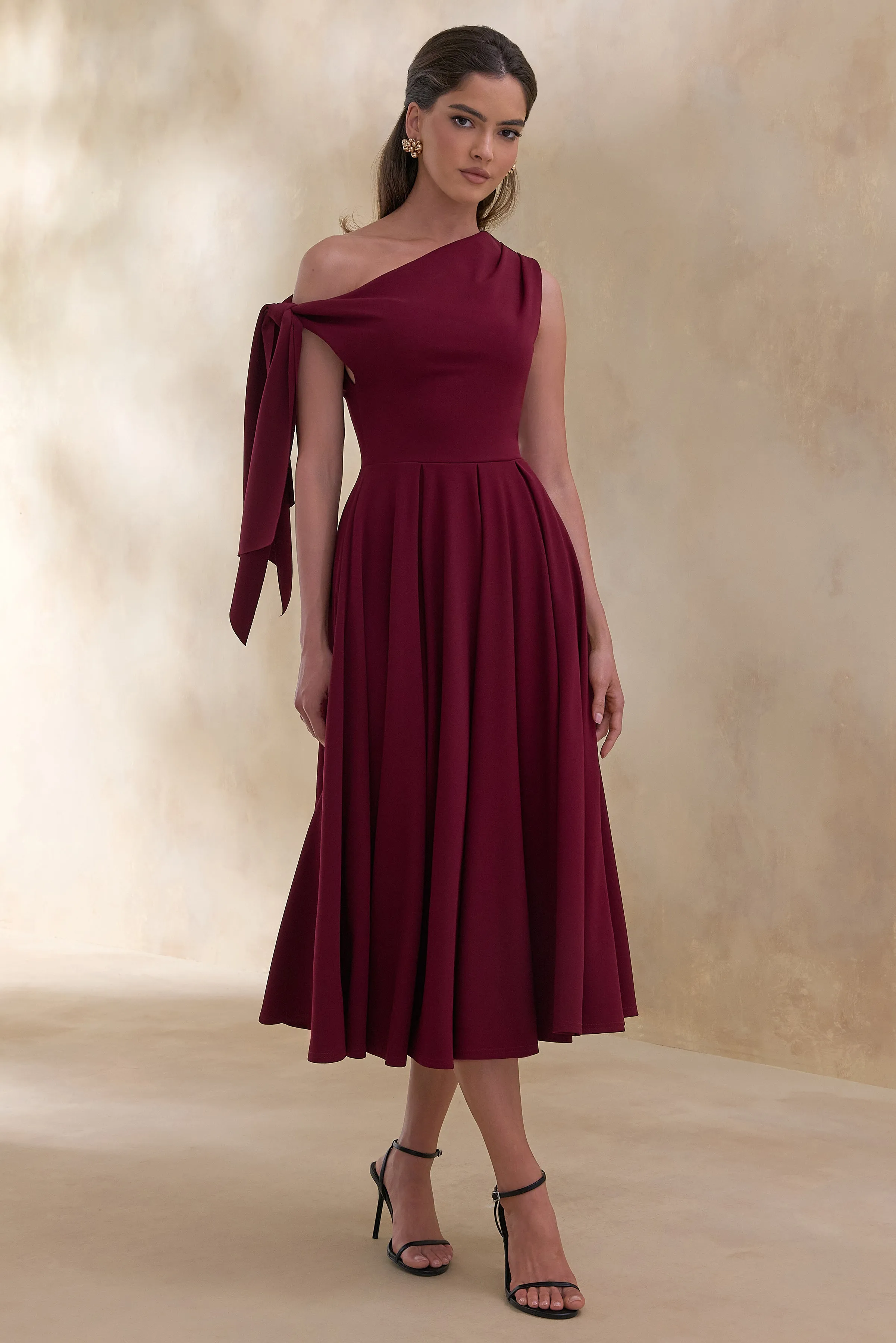 Daring | Burgundy Asymmetric-Neck Midi Dress With Knot-Detail sold by Club L London product image thumbnail 5