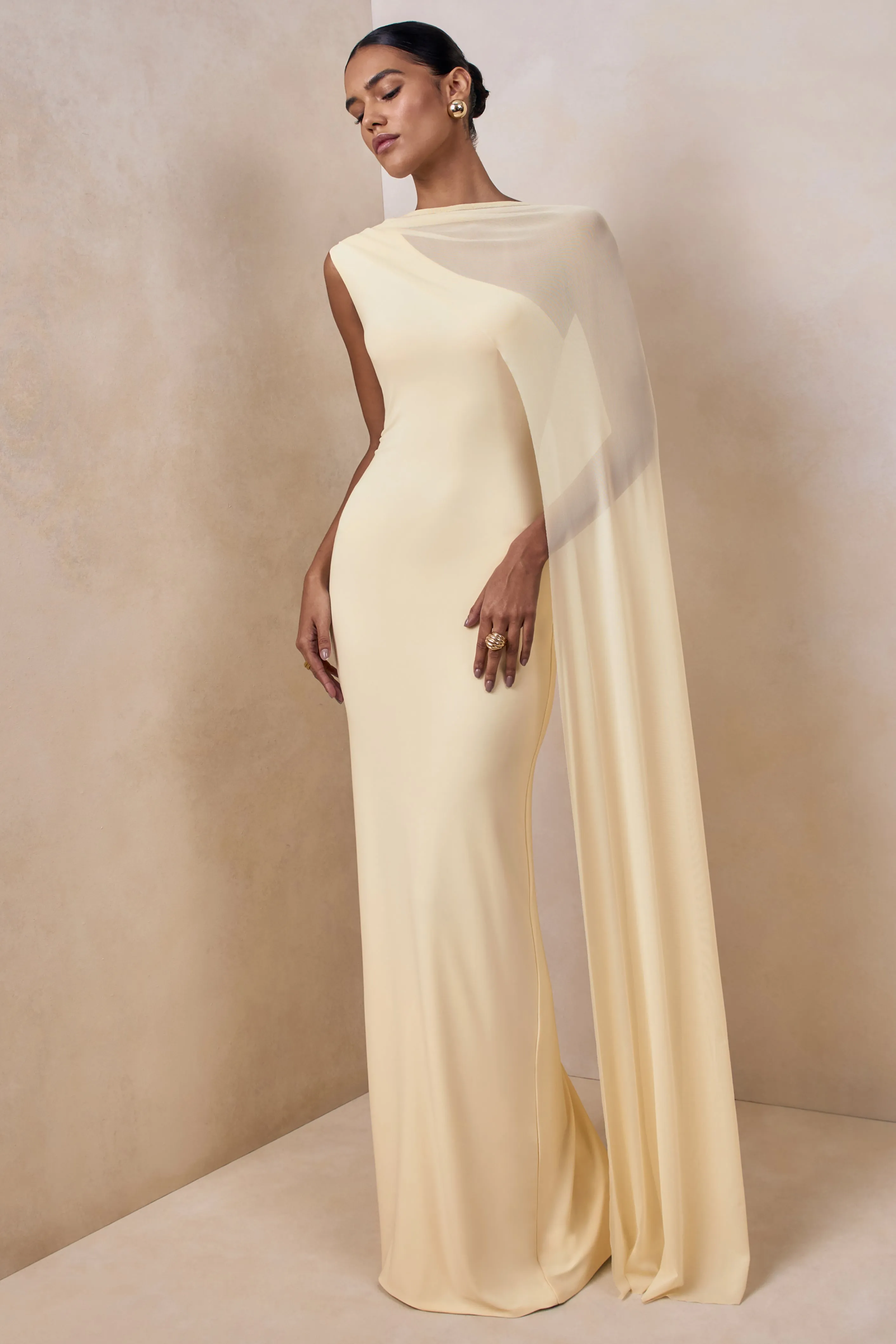 Mirelle | Lemon Boat-Neck Maxi Dress With Cape-Sleeve sold by Club L London product image thumbnail 4