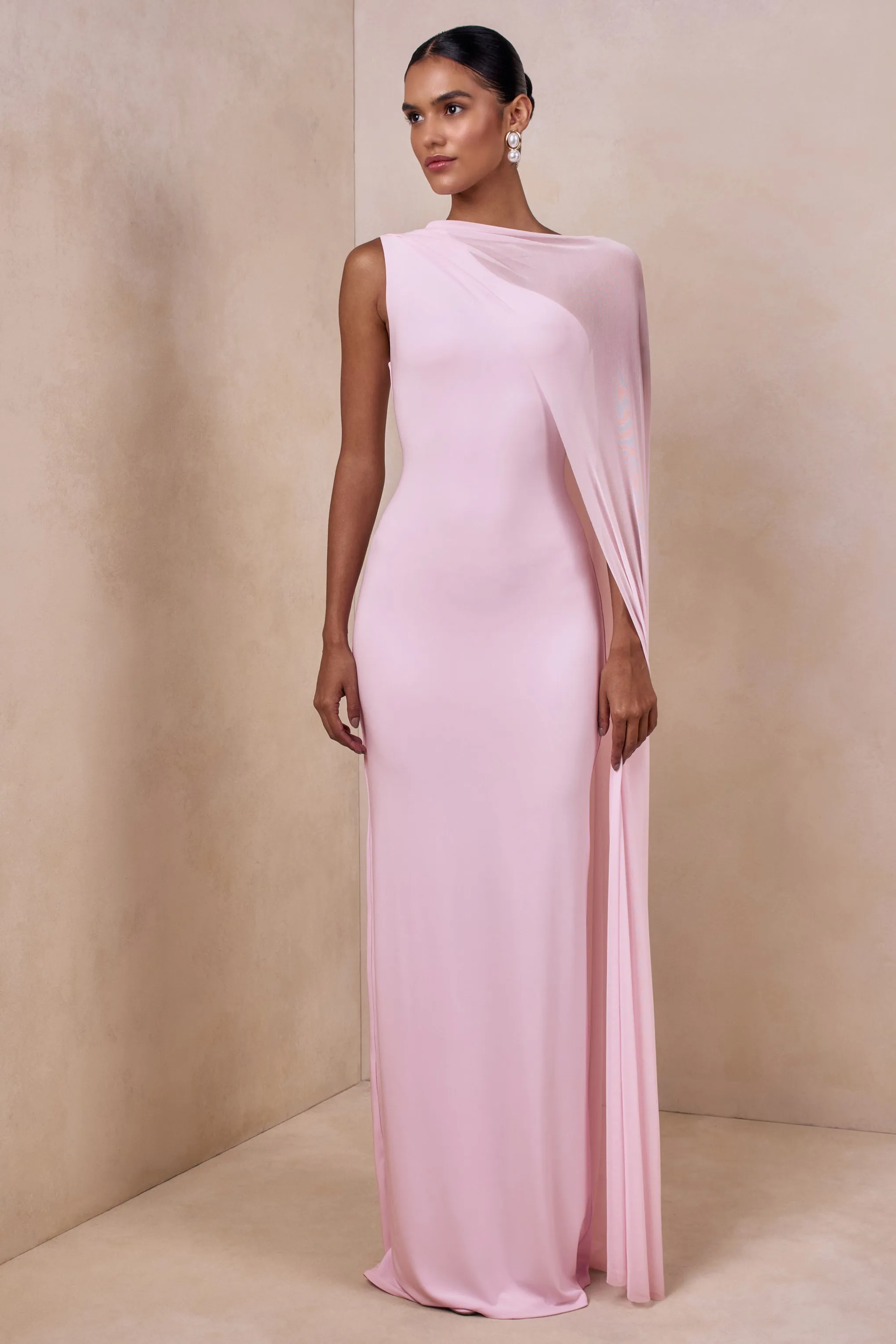 Mirelle | Light Pink Boat-Neck Maxi Dress With Cape-Sleeve sold by Club L London product image thumbnail 4