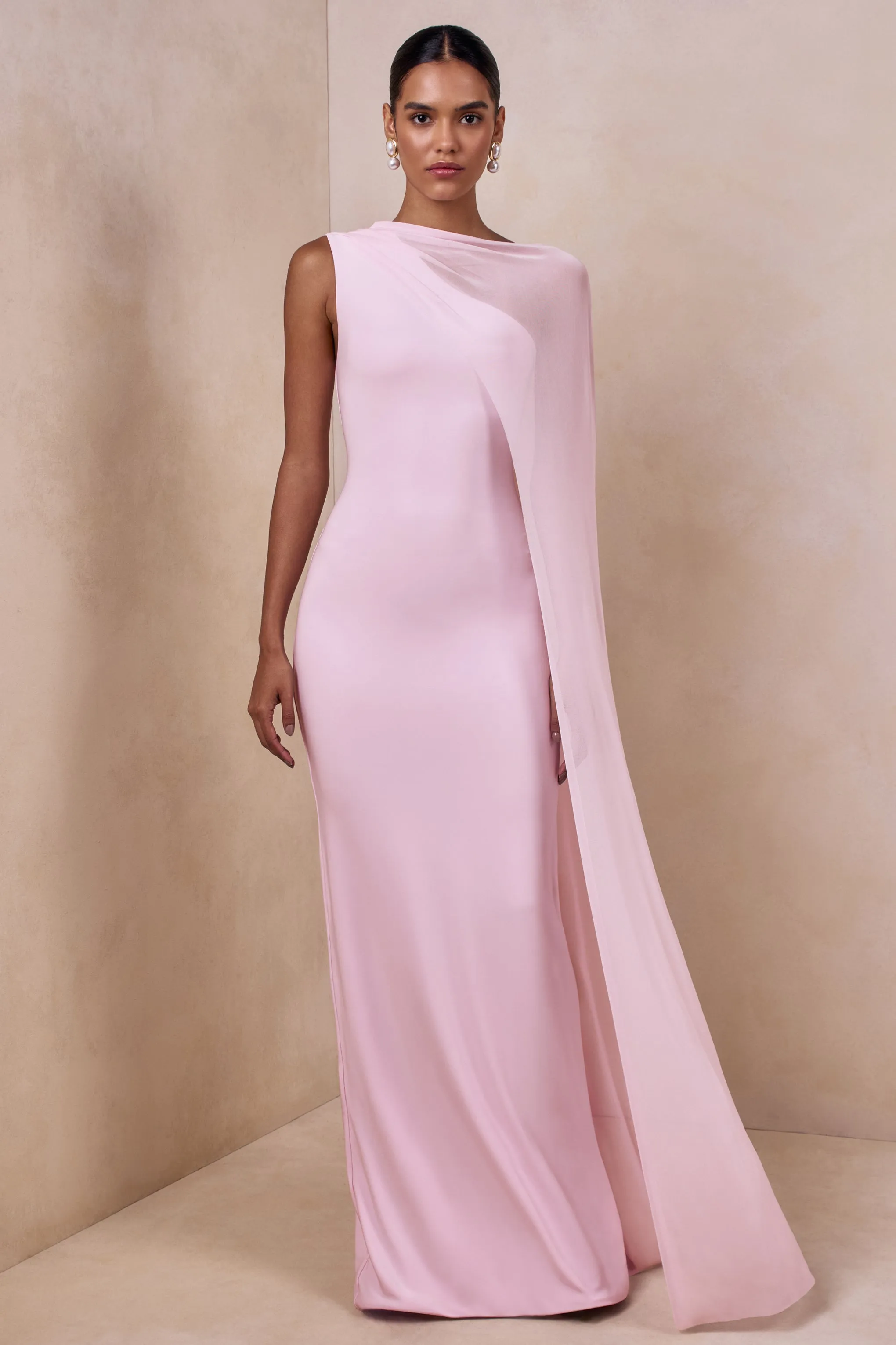 Mirelle | Light Pink Boat-Neck Maxi Dress With Cape-Sleeve sold by Club L London product image thumbnail 5