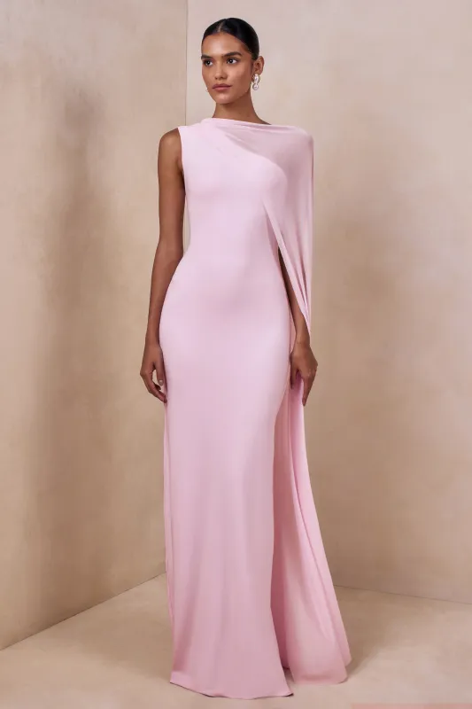 Mirelle | Light Pink Boat-Neck Maxi Dress With Cape-Sleeve sold by Club L London