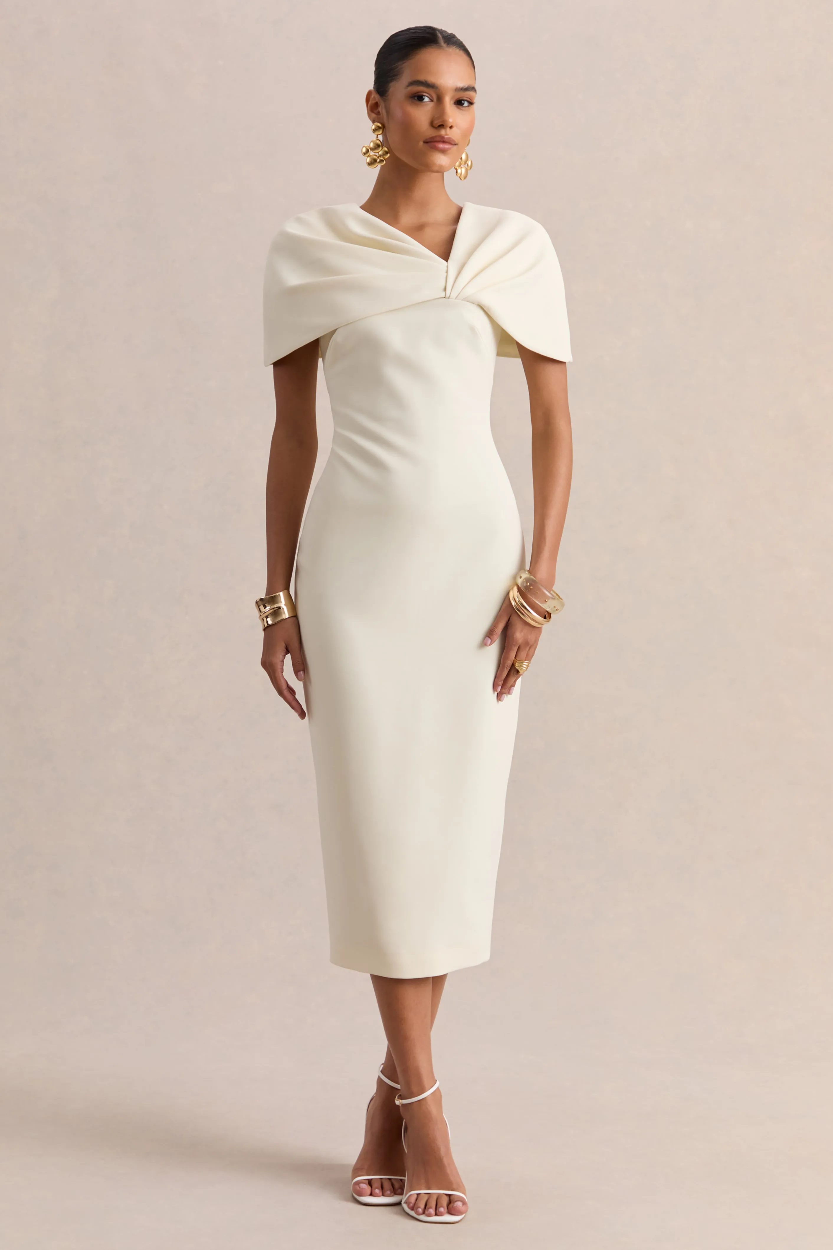 Novalie | Cream V-Neck Midi Dress With Twist-Detail sold by Club L London