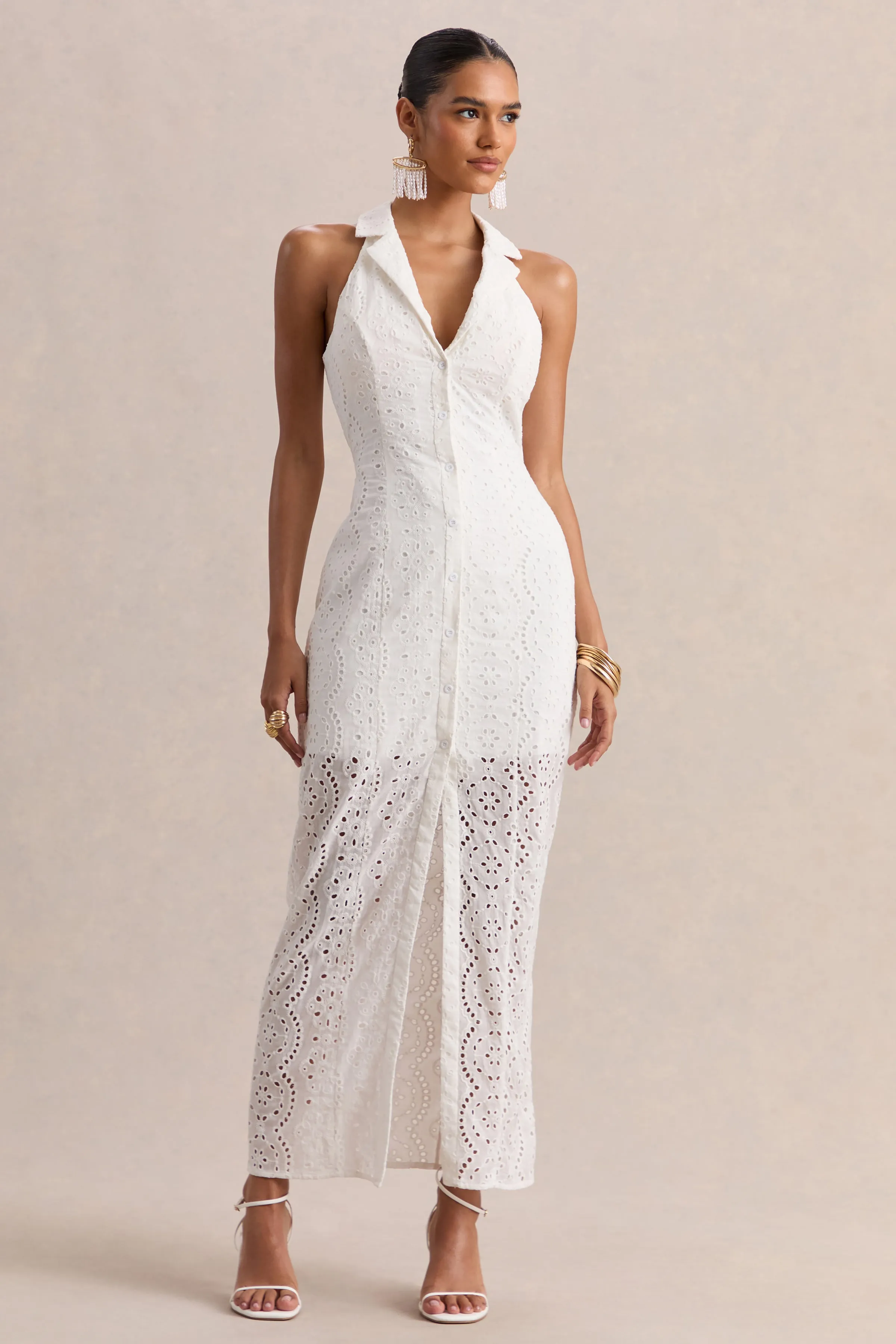 Tover | White Broderie Plunge-Neck Maxi Dress sold by Club L London product image thumbnail 5