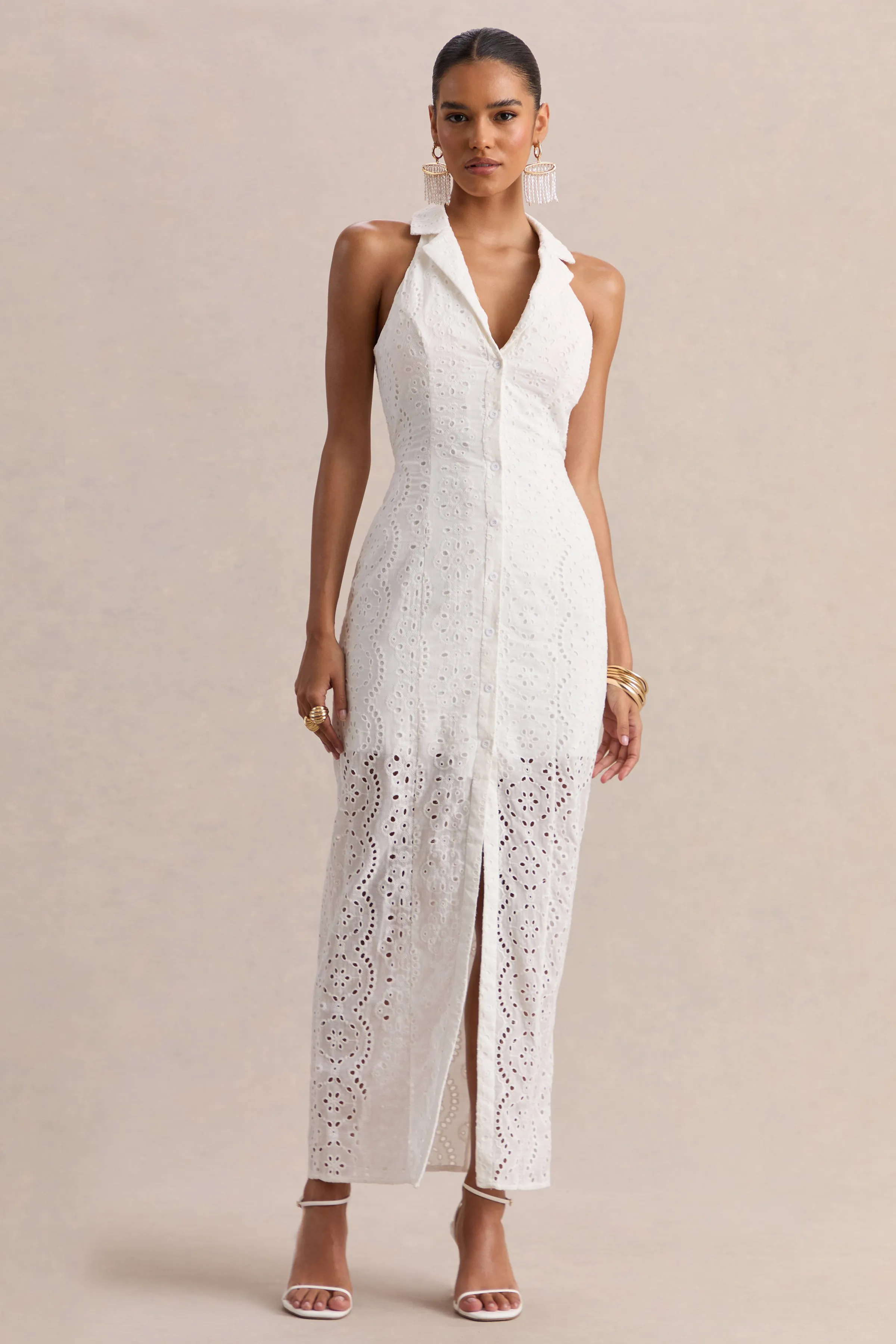 Tover | White Broderie Plunge-Neck Maxi Dress sold by Club L London product image thumbnail 4