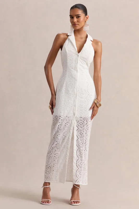 Tover | White Broderie Plunge-Neck Maxi Dress made by Club L London