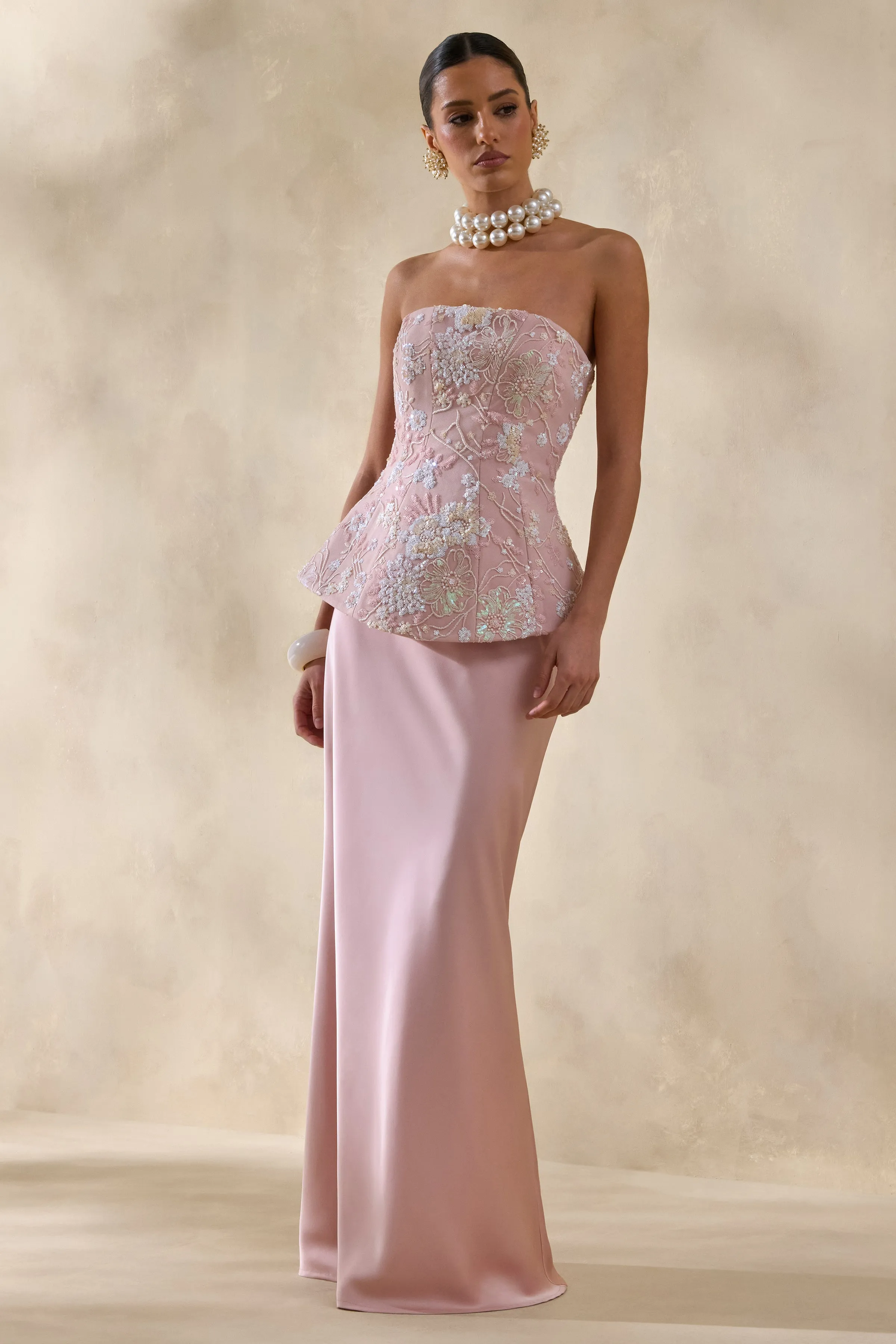 Corvina | Pink Embellished Floral Bandeau Corset Maxi Dress sold by Club L London product image thumbnail 4
