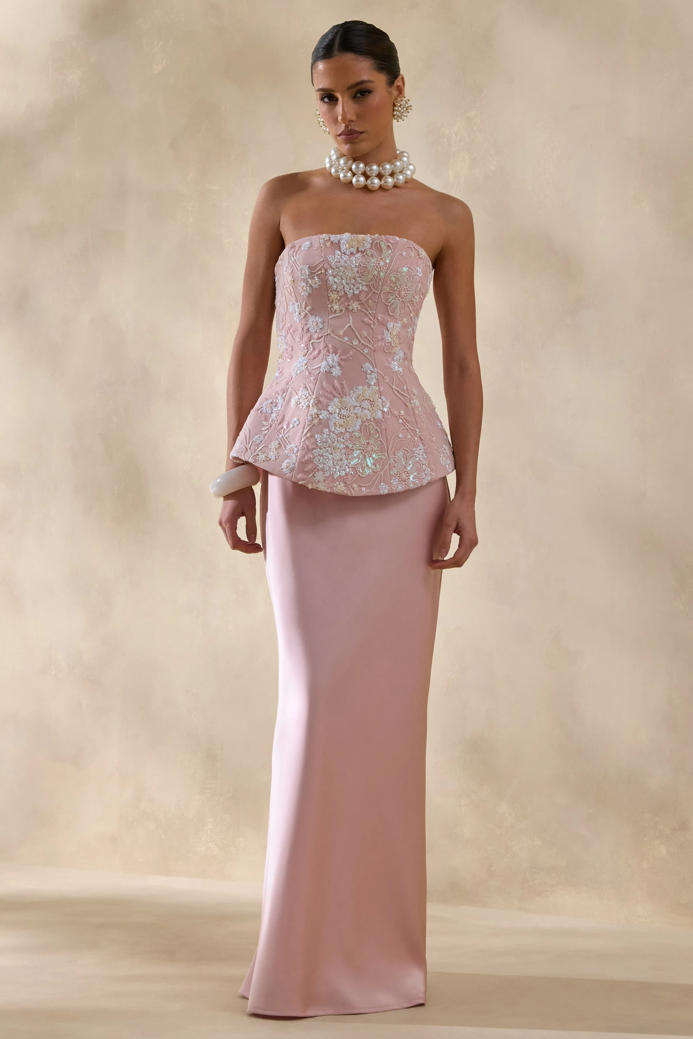 Corvina | Pink Embellished Floral Bandeau Corset Maxi Dress sold by Club L London