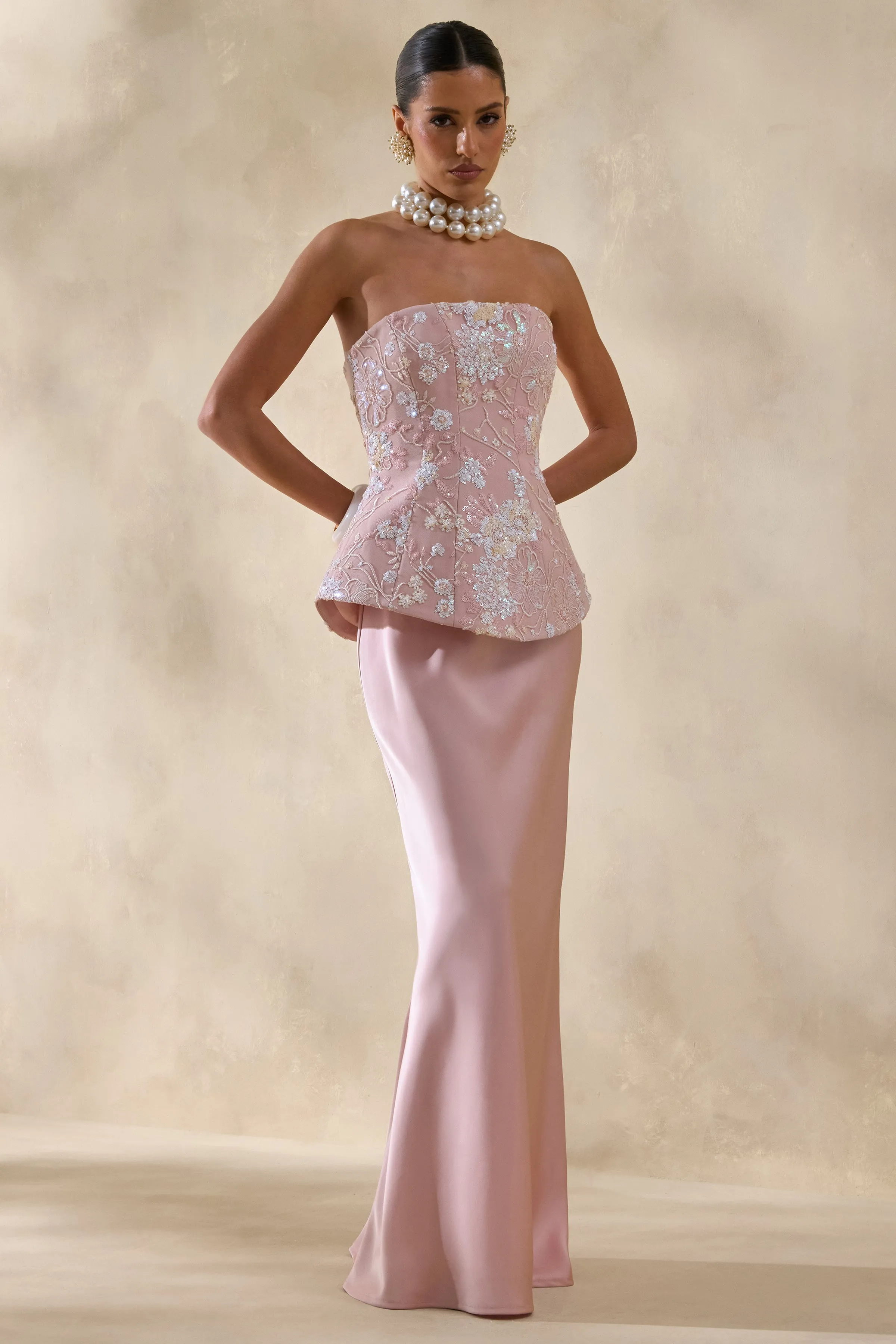 Corvina | Pink Embellished Floral Bandeau Corset Maxi Dress sold by Club L London product image thumbnail 5