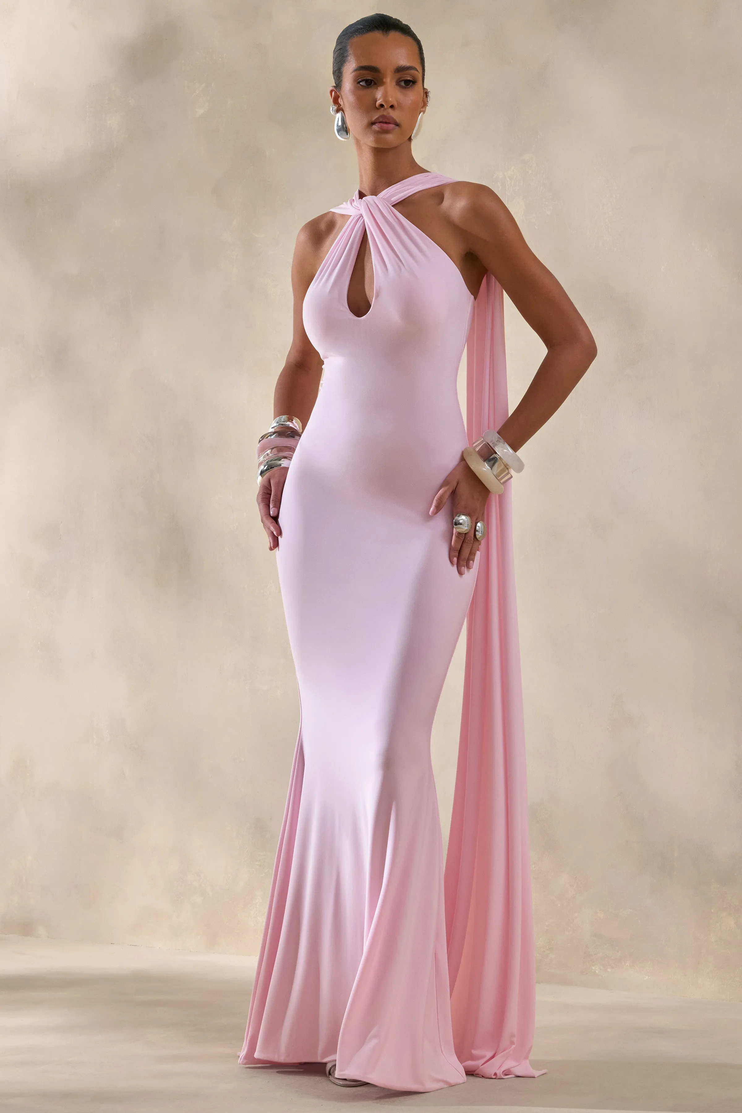 Rhoda | Light Pink Twist Halter-Neck Cape Maxi Dress sold by Club L London product image thumbnail 4