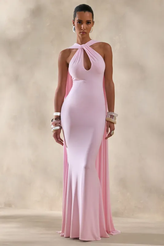 Rhoda | Light Pink Twist Halter-Neck Cape Maxi Dress made by Club L London