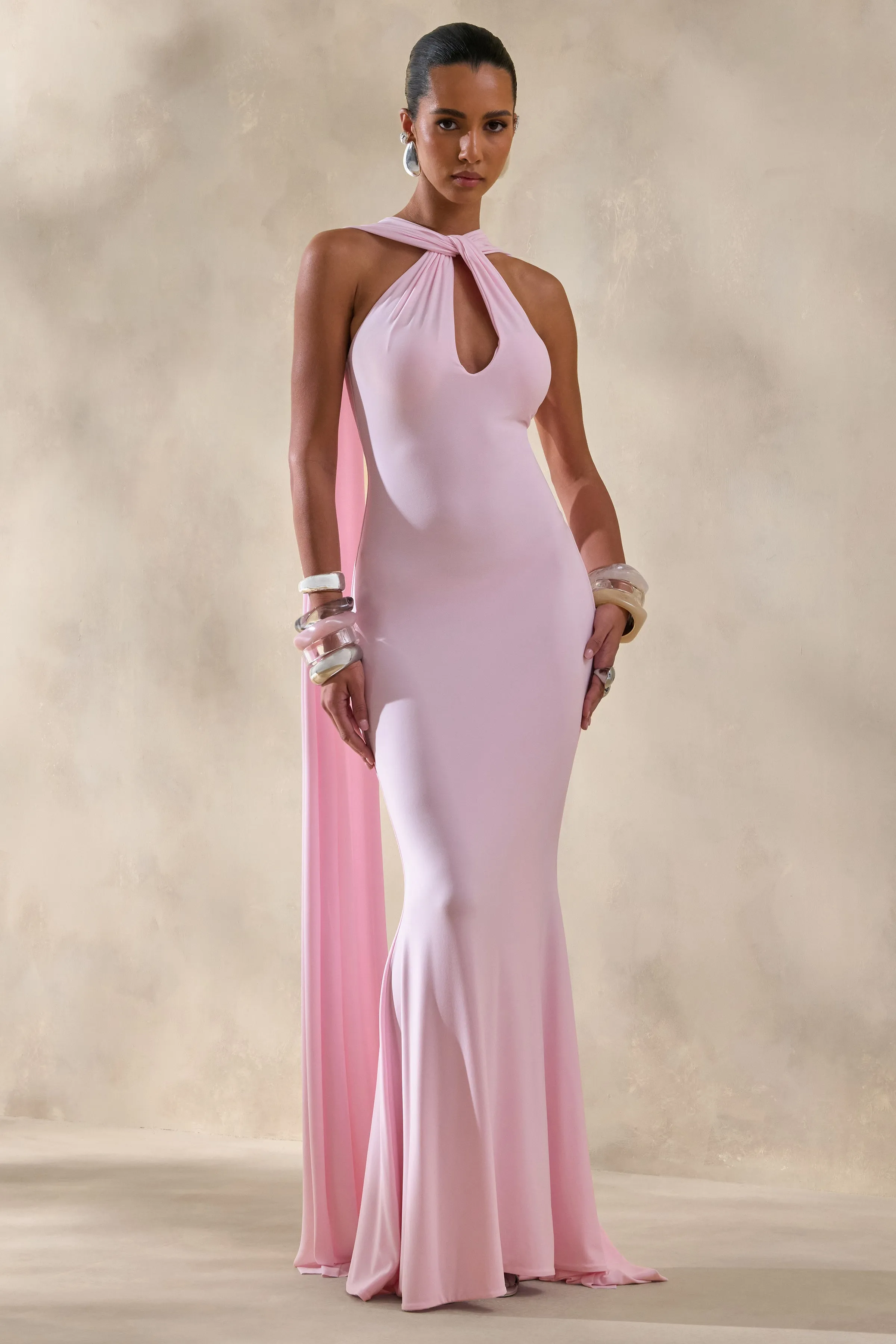Rhoda | Light Pink Twist Halter-Neck Cape Maxi Dress sold by Club L London product image thumbnail 5