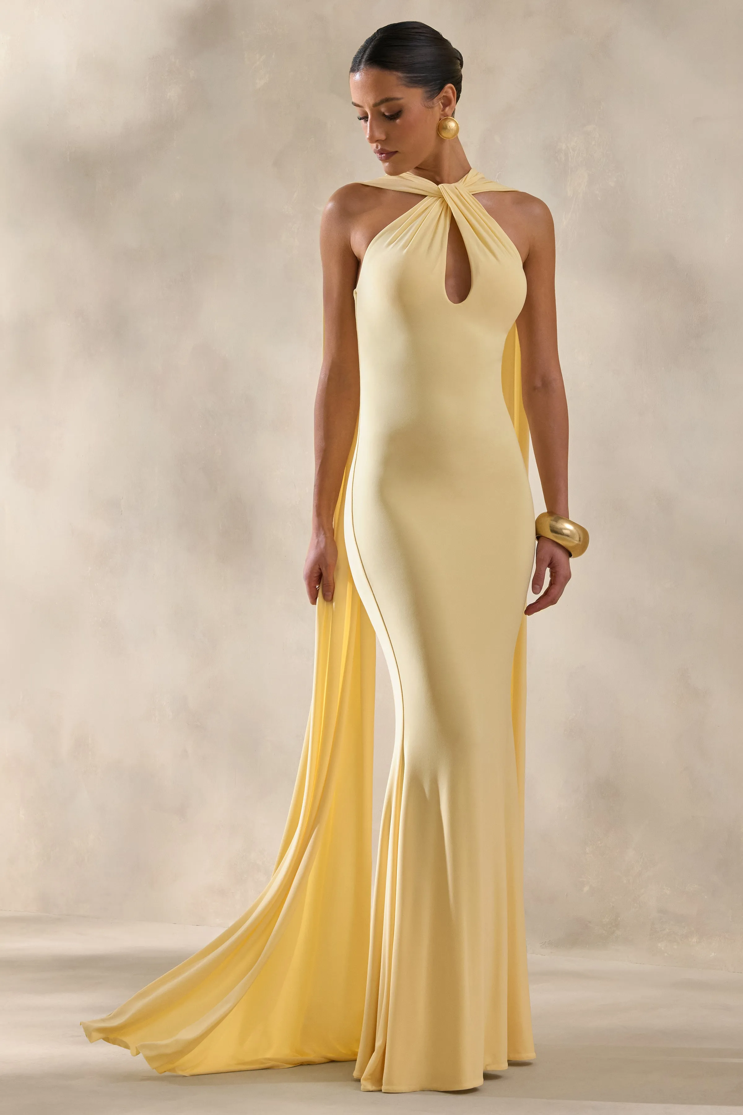 Rhoda | Lemon Twist Halter-Neck Cape Maxi Dress sold by Club L London product image thumbnail 5