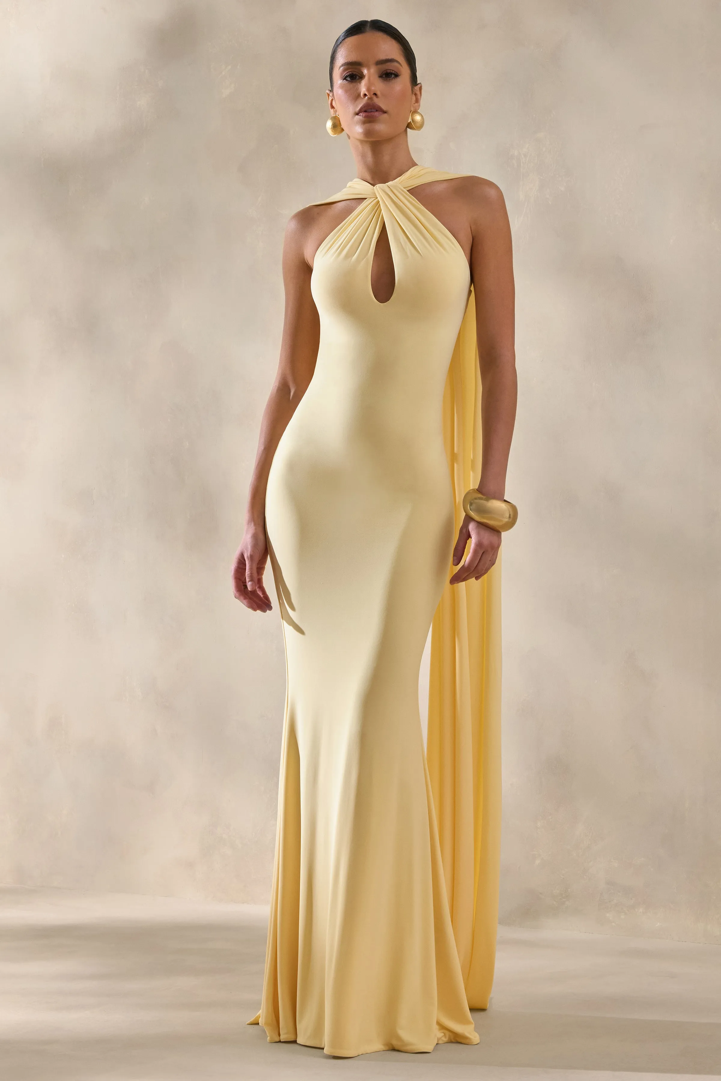 Rhoda | Lemon Twist Halter-Neck Cape Maxi Dress sold by Club L London product image thumbnail 4