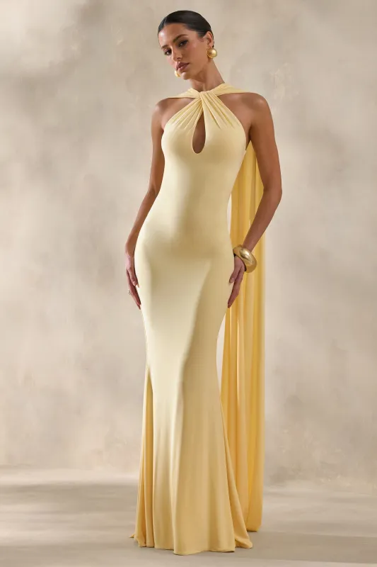 Rhoda | Lemon Twist Halter-Neck Cape Maxi Dress sold by Club L London