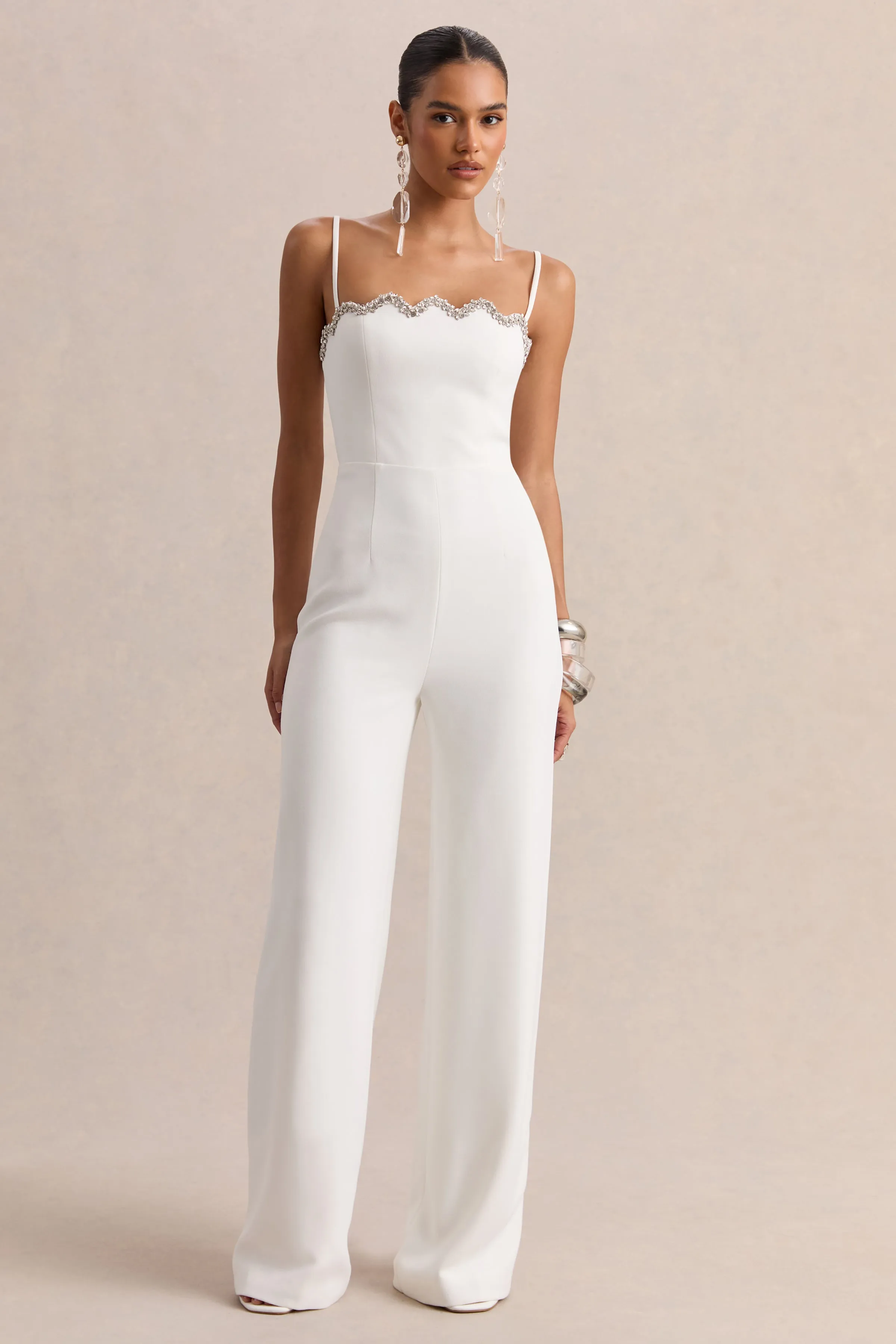 Calira | White Scalloped Square-Neck Jumpsuit sold by Club L London product image thumbnail 4