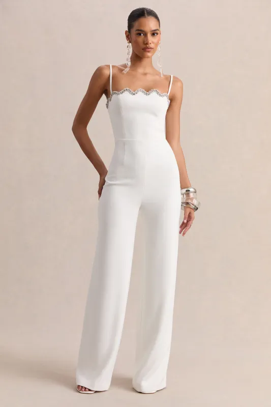 Calira | White Scalloped Square-Neck Jumpsuit made by Club L London