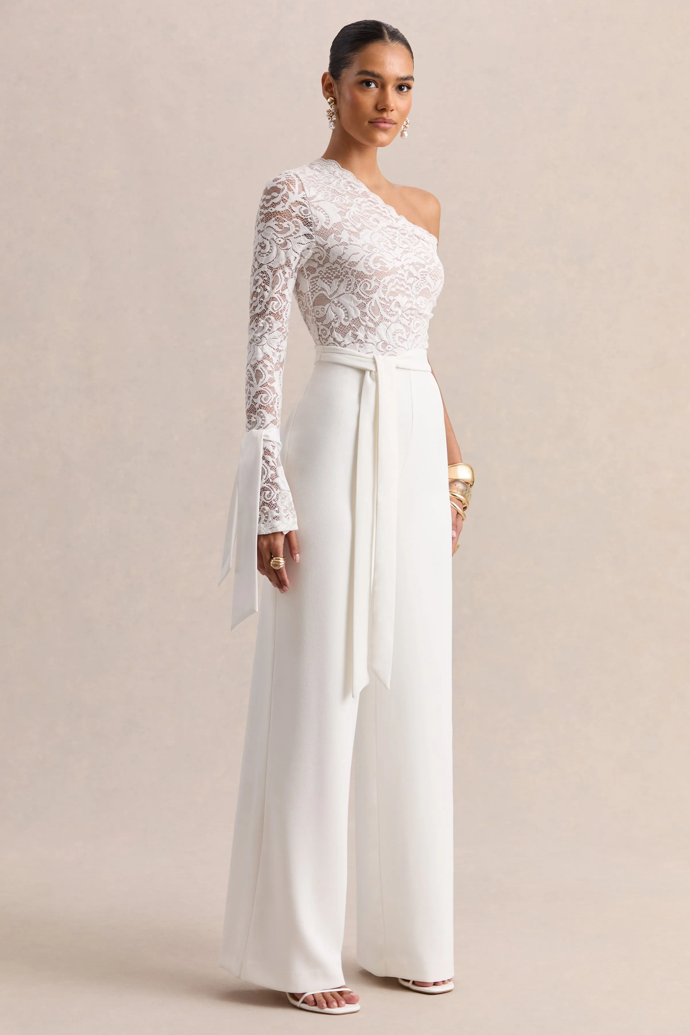 Clarence | White Lace Asymmetric-Neck Jumpsuit With Bow-Details sold by Club L London product image thumbnail 4