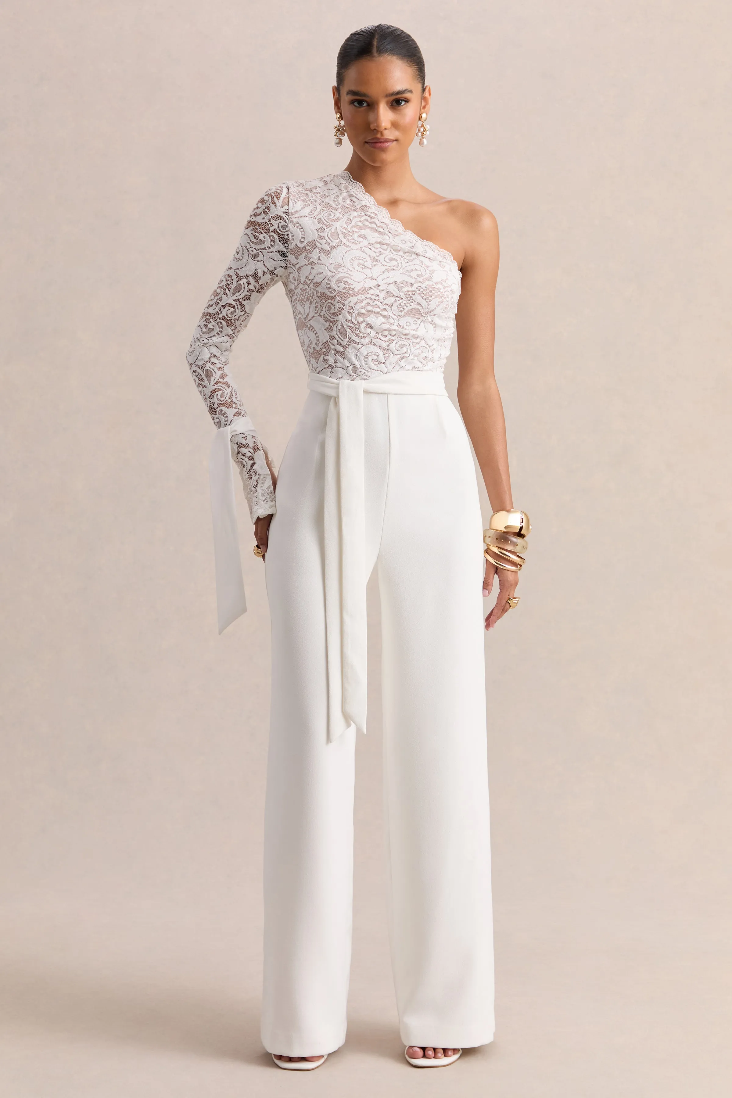 Clarence | White Lace Asymmetric-Neck Jumpsuit With Bow-Details sold by Club L London
