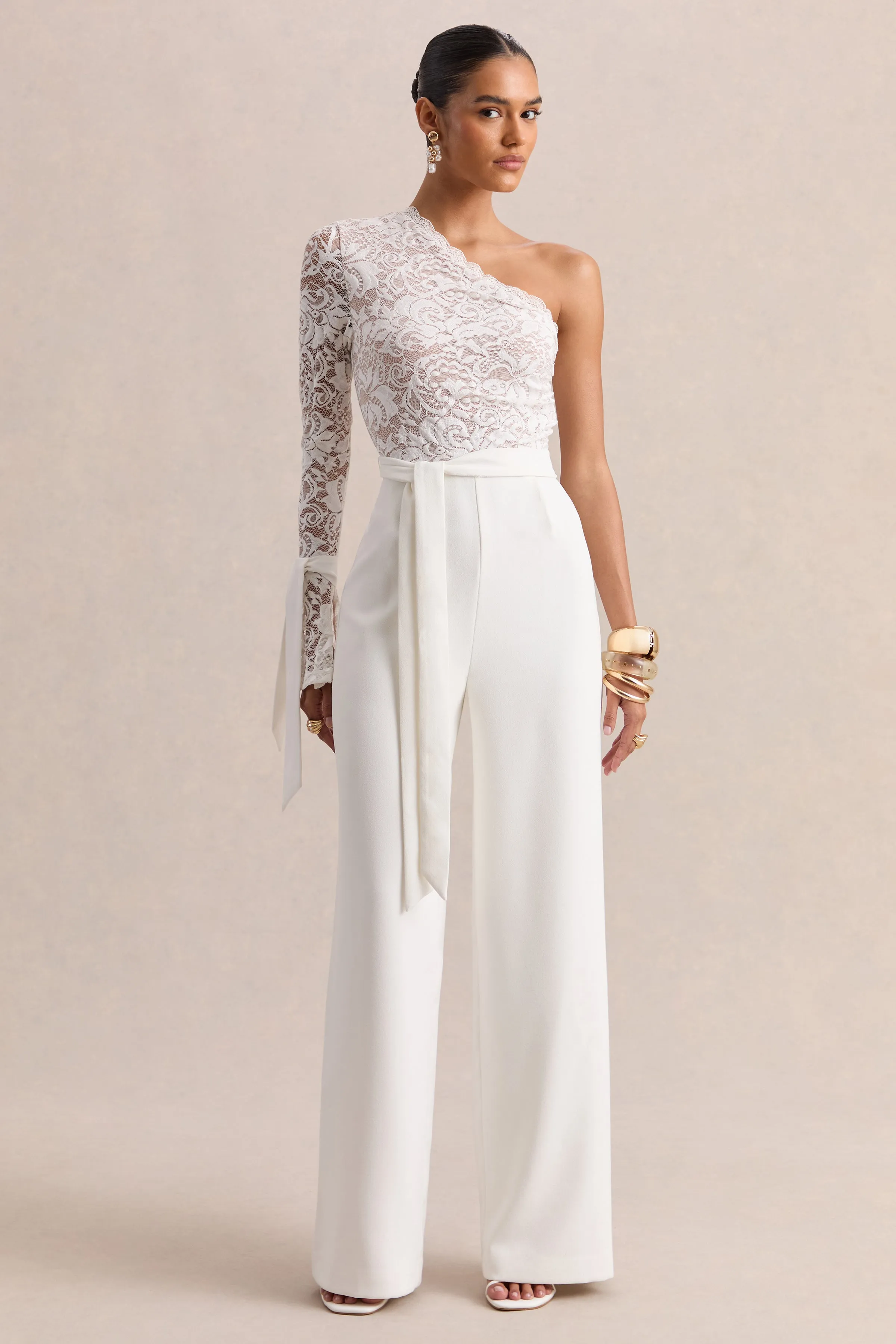 Clarence | White Lace Asymmetric-Neck Jumpsuit With Bow-Details sold by Club L London product image thumbnail 5