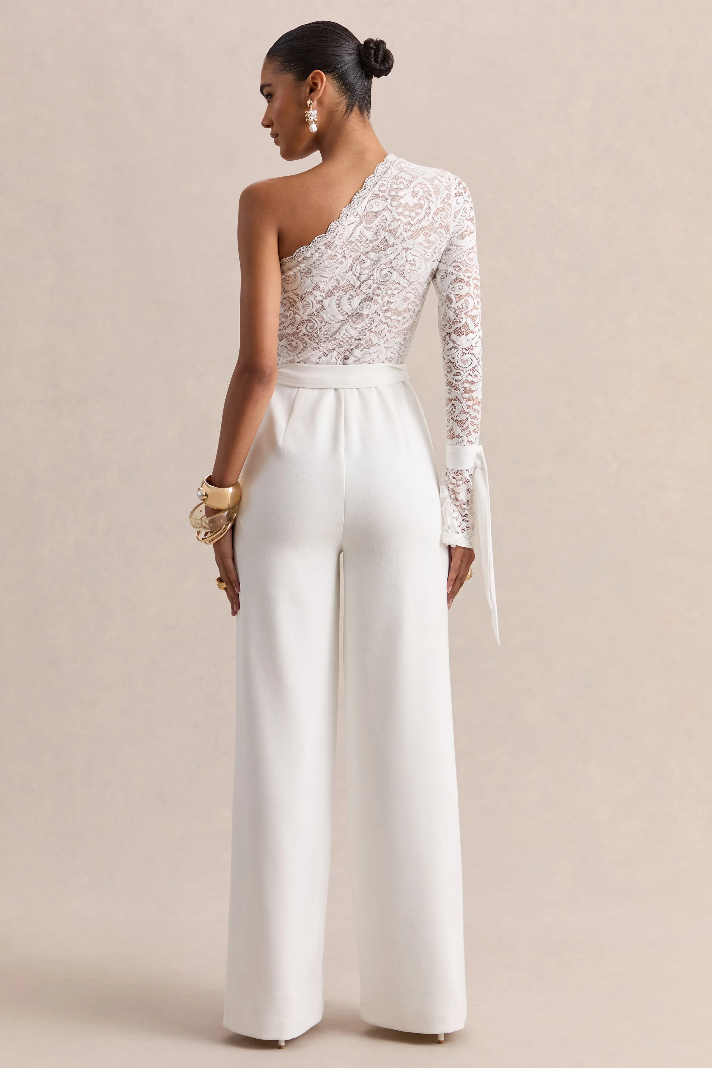 Clarence | White Lace Asymmetric-Neck Jumpsuit With Bow-Details sold by Club L London product image thumbnail 2