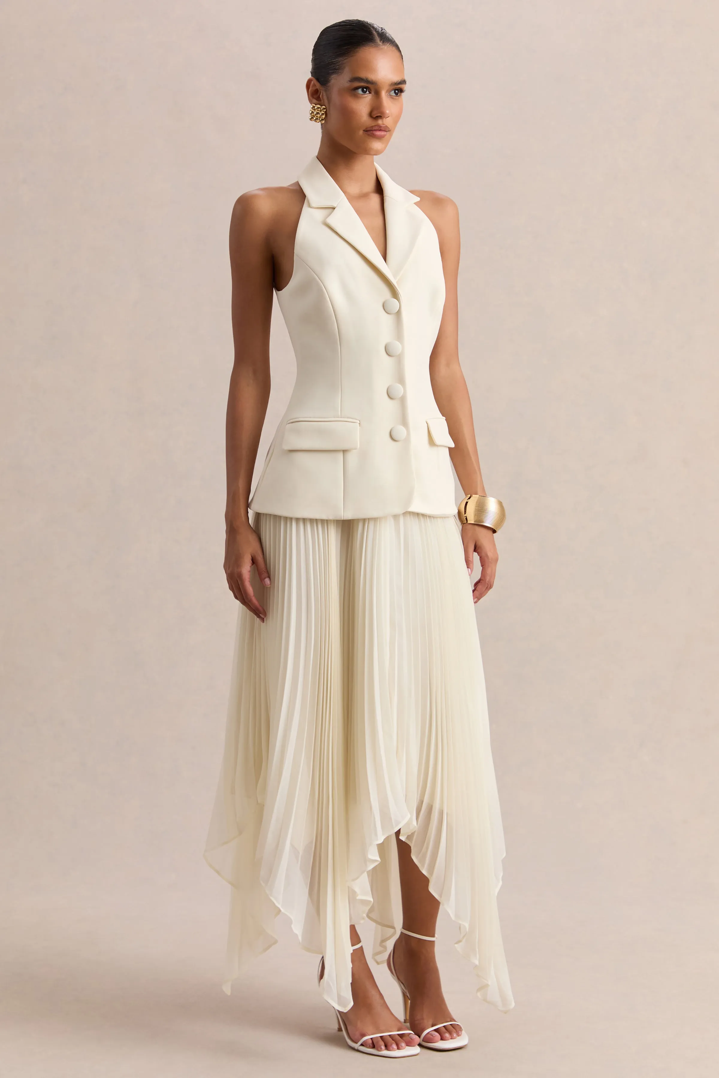 Marvelle | Cream Plunge-Neck Maxi Dress With Hanky Hem sold by Club L London product image thumbnail 5