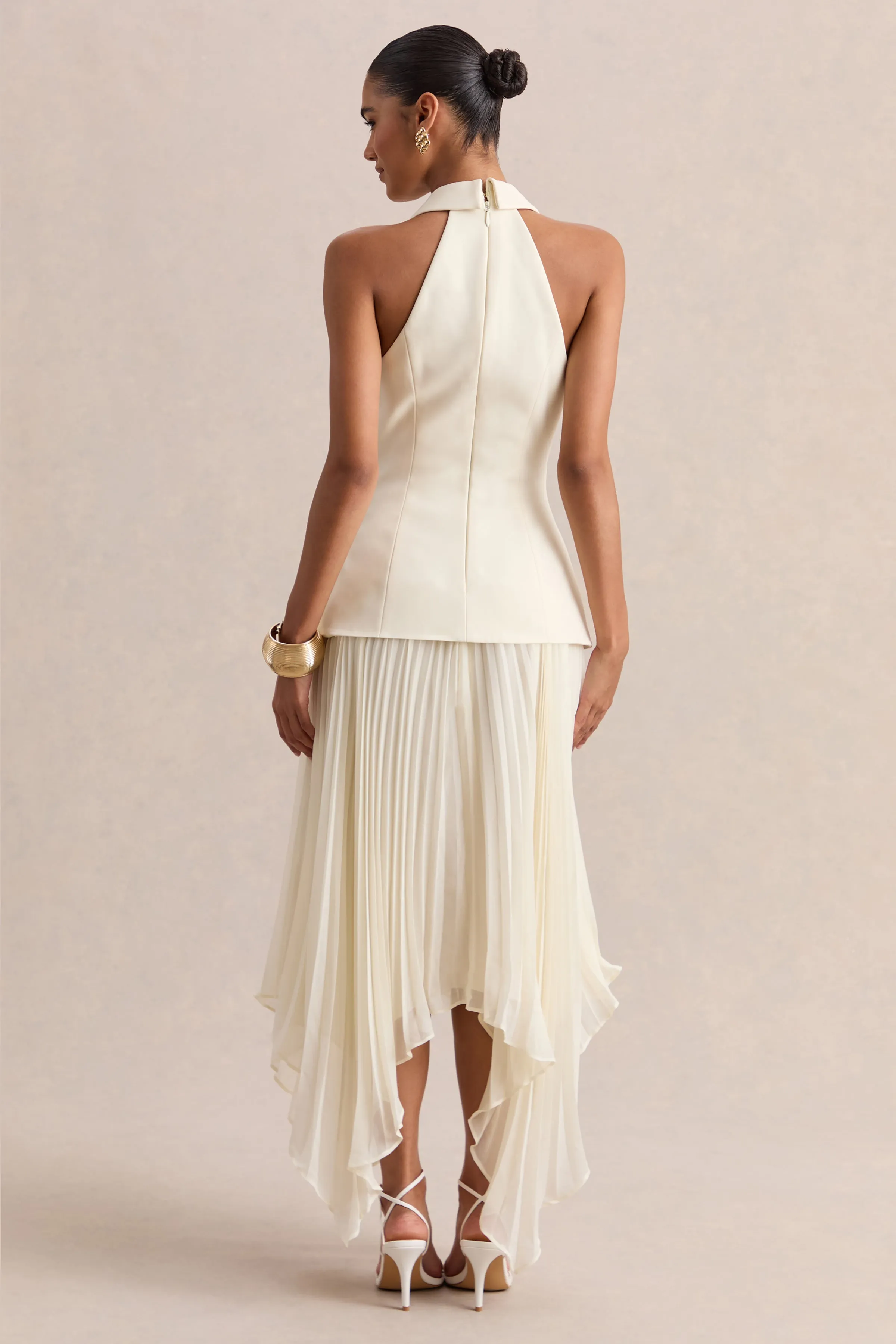Marvelle | Cream Plunge-Neck Maxi Dress With Hanky Hem sold by Club L London product image thumbnail 2