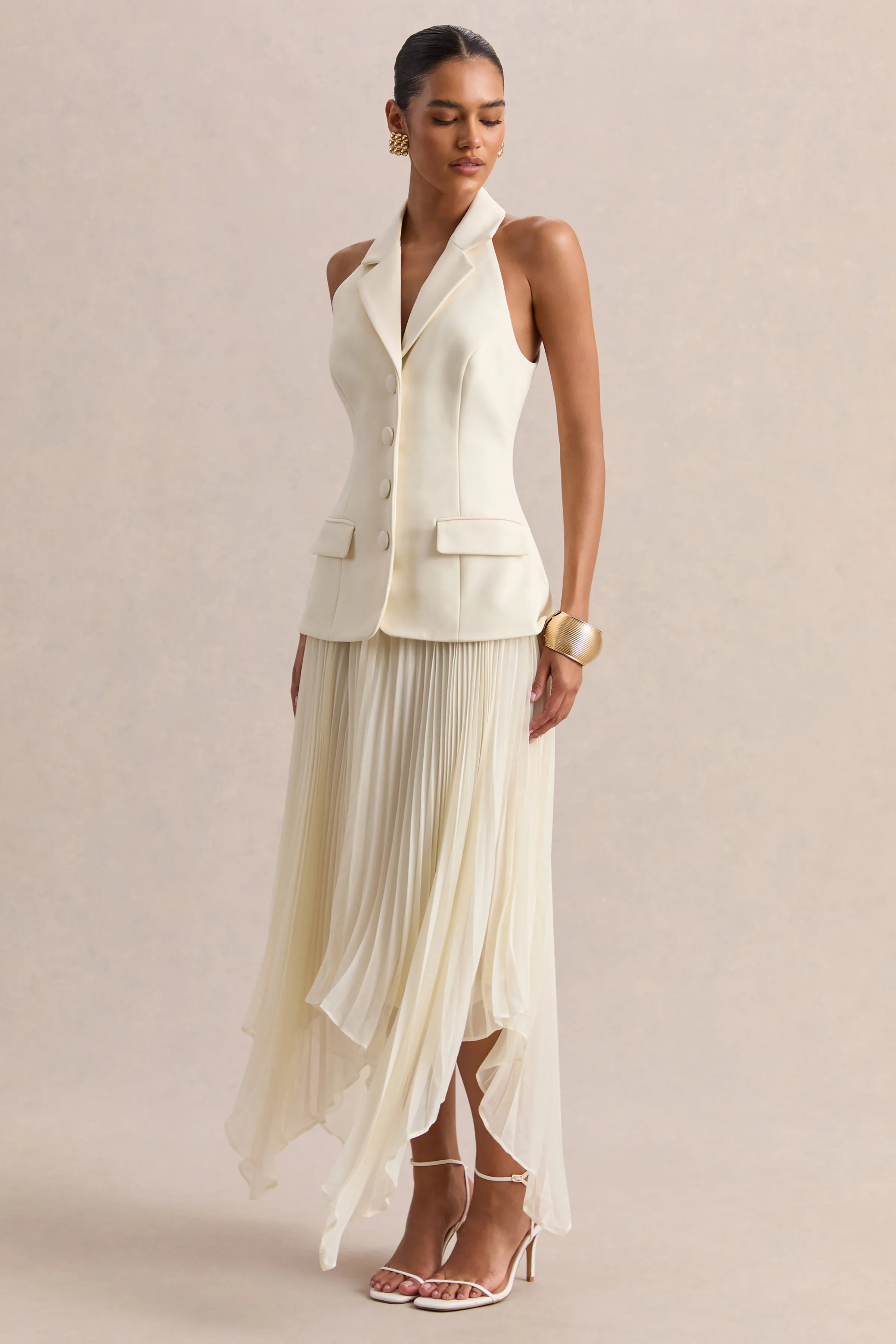 Marvelle | Cream Plunge-Neck Maxi Dress With Hanky Hem sold by Club L London product image thumbnail 4