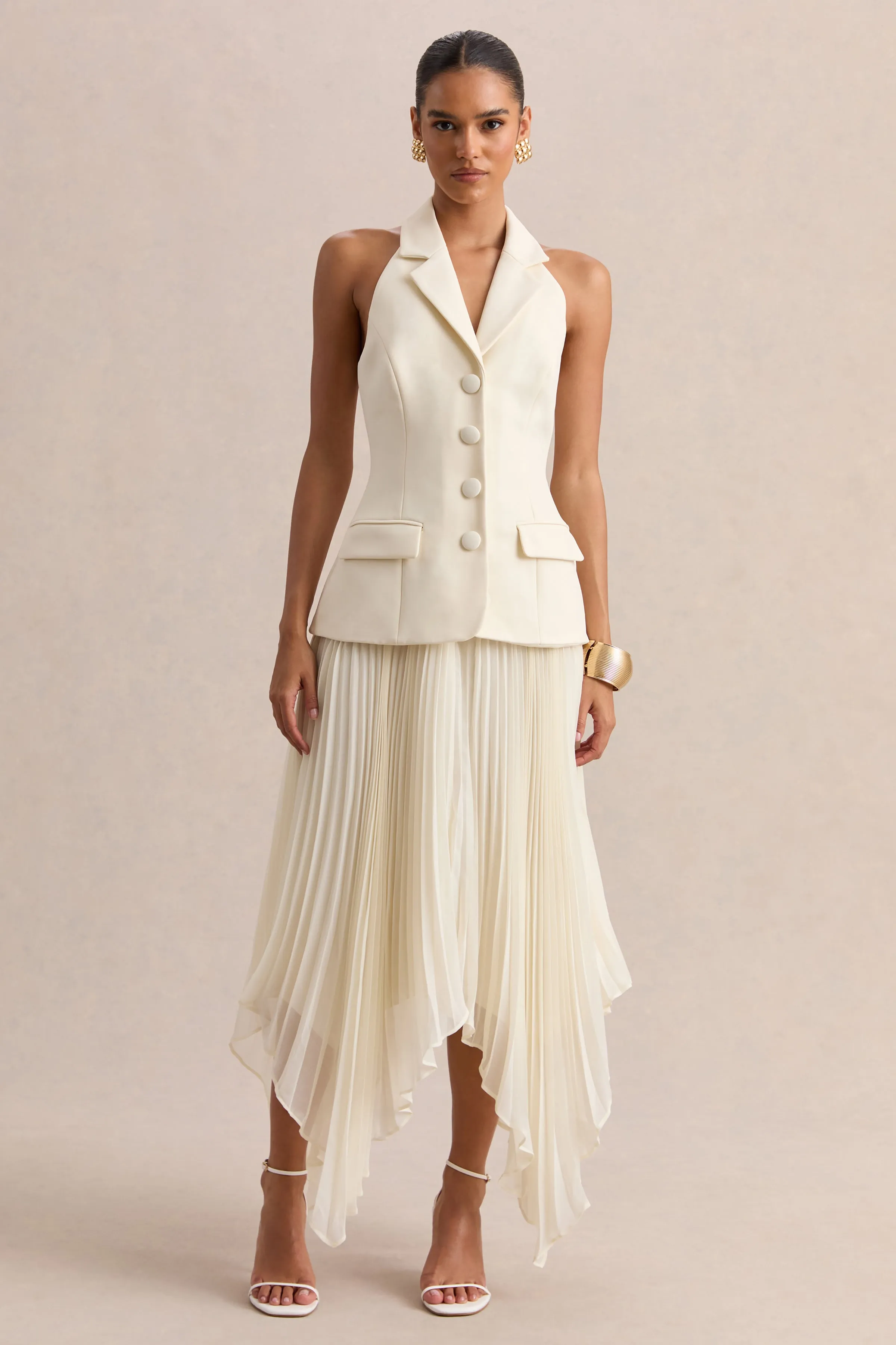 Marvelle | Cream Plunge-Neck Maxi Dress With Hanky Hem sold by Club L London