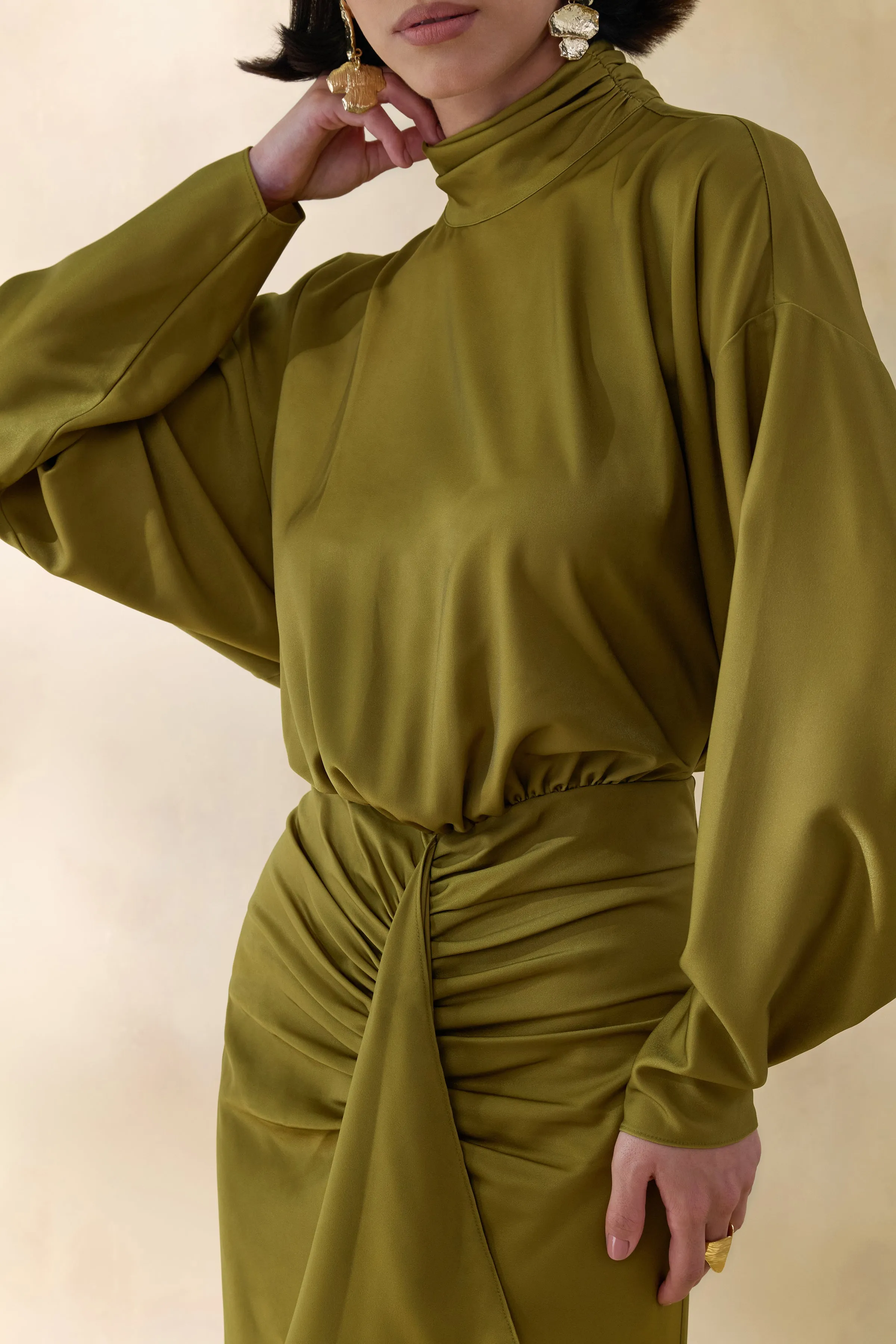 Perla | Olive High-Neck Maxi Dress With Gathered-Detailing sold by Club L London product image thumbnail 3