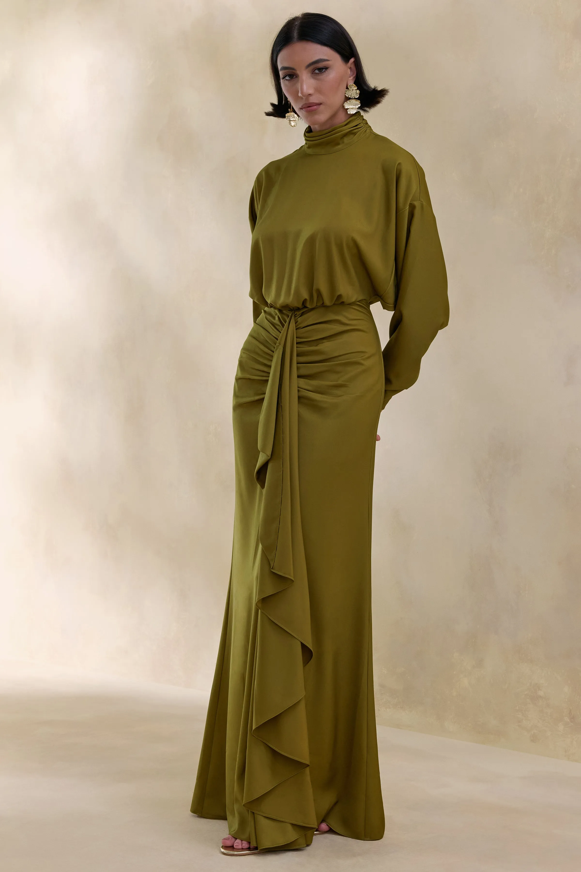 Perla | Olive High-Neck Maxi Dress With Gathered-Detailing sold by Club L London product image thumbnail 4