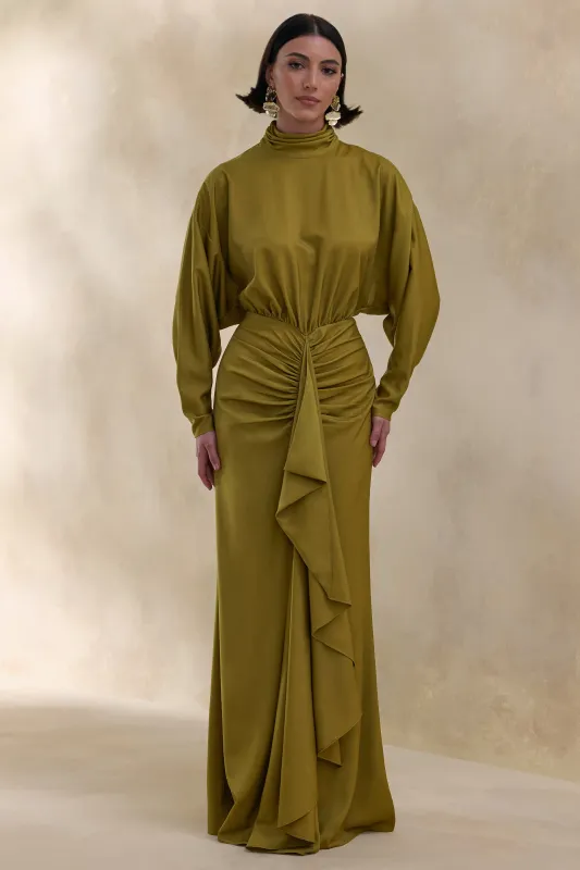 Perla | Olive High-Neck Maxi Dress With Gathered-Detailing sold by Club L London
