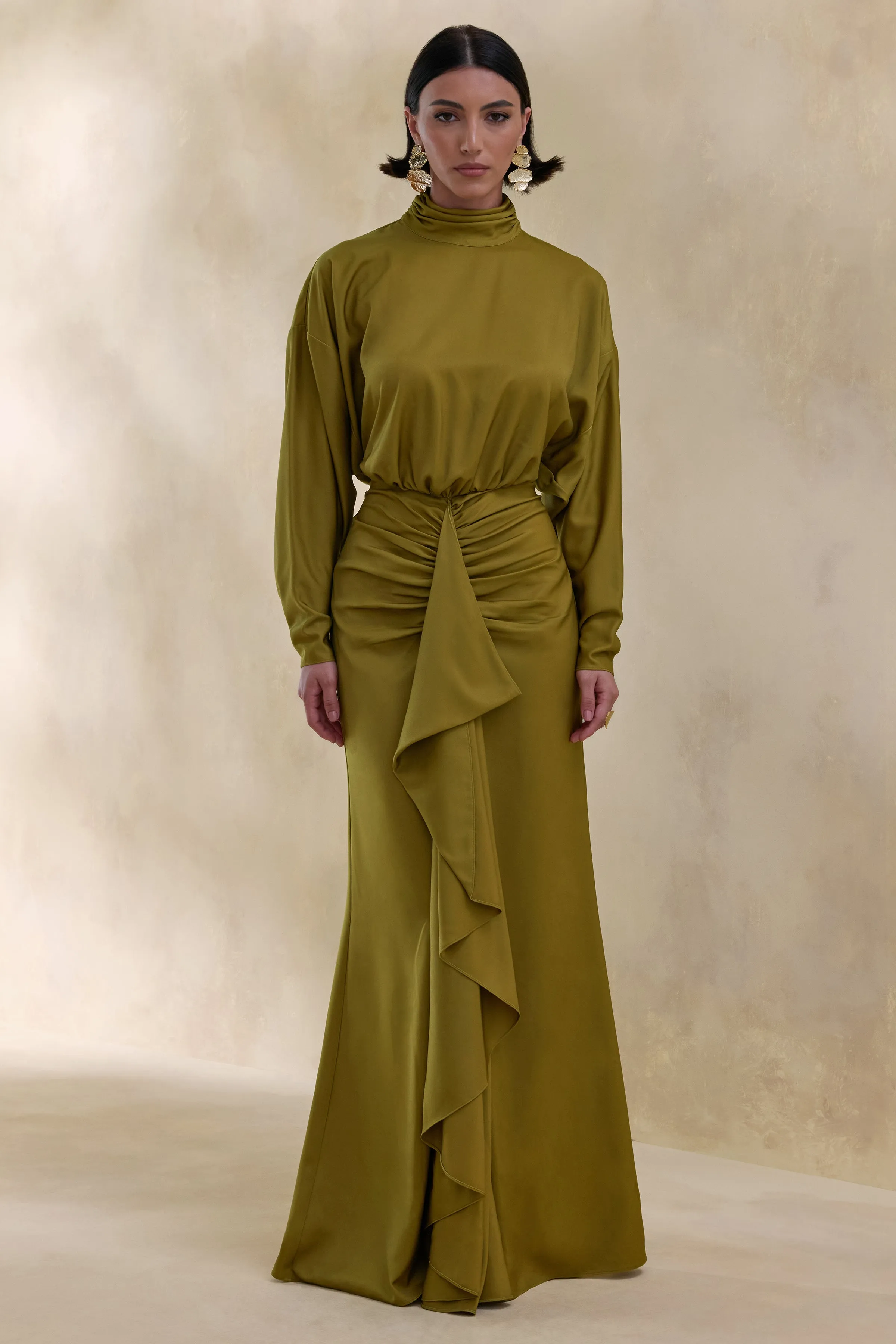 Perla | Olive High-Neck Maxi Dress With Gathered-Detailing sold by Club L London product image thumbnail 5