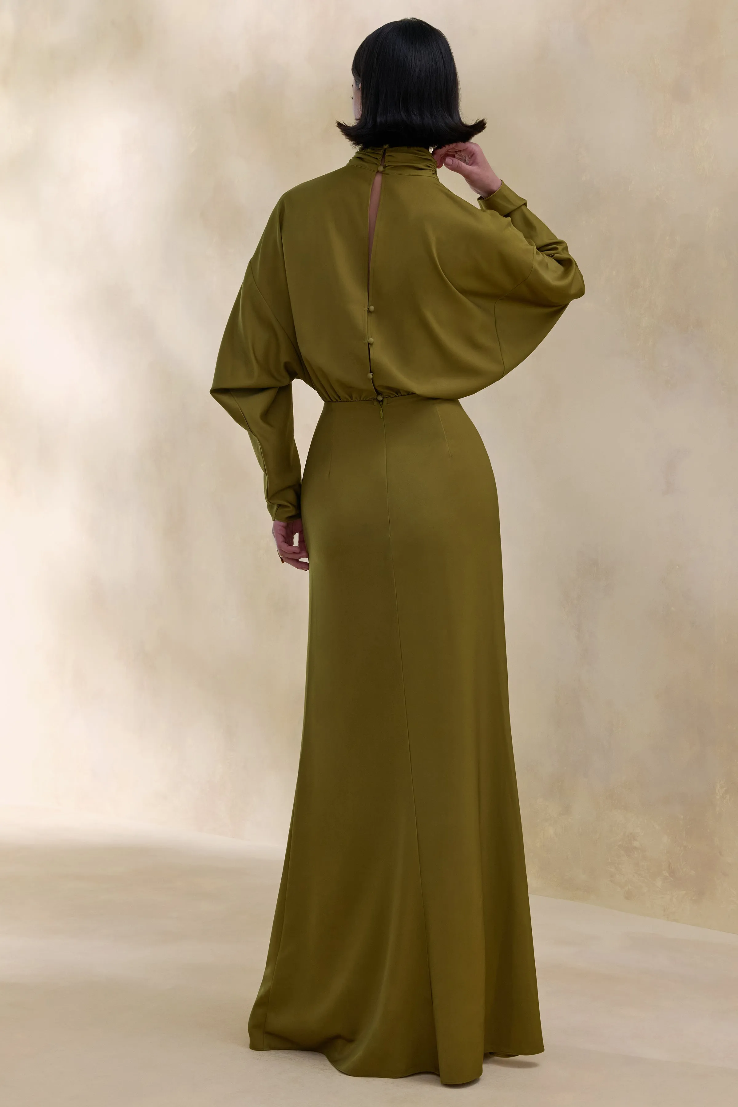 Perla | Olive High-Neck Maxi Dress With Gathered-Detailing sold by Club L London product image thumbnail 2