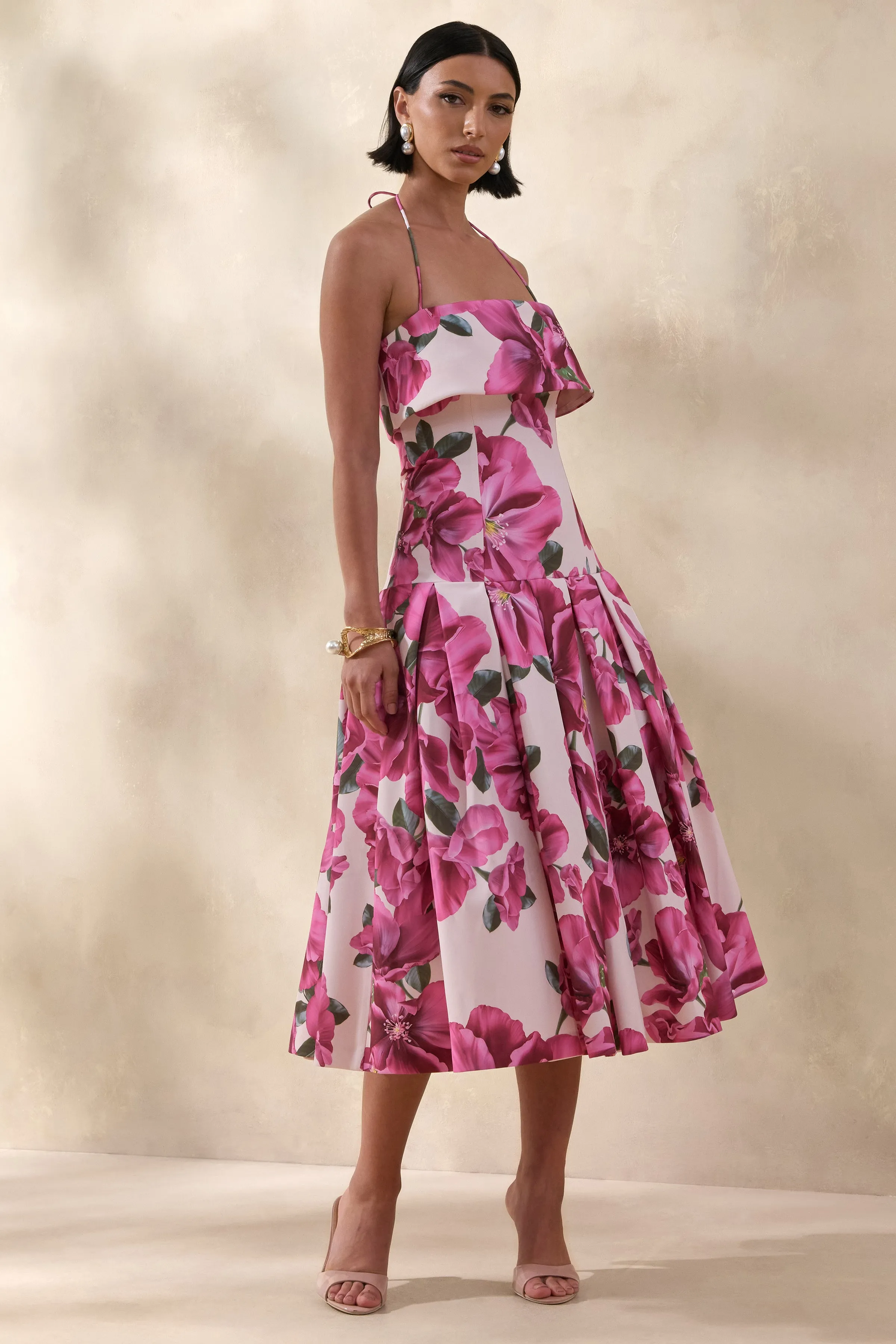 Sylina | Pink Hibiscus Floral Print Square-Neck Midi Dress With Drop Waist sold by Club L London