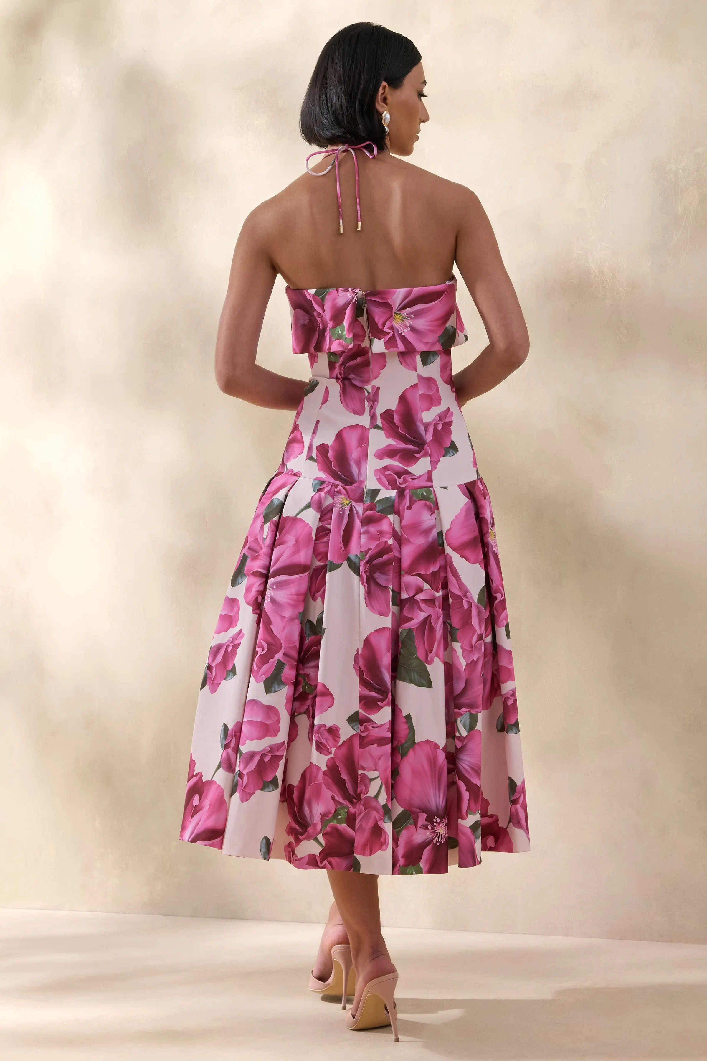Sylina | Pink Hibiscus Floral Print Square-Neck Midi Dress With Drop Waist sold by Club L London product image thumbnail 2