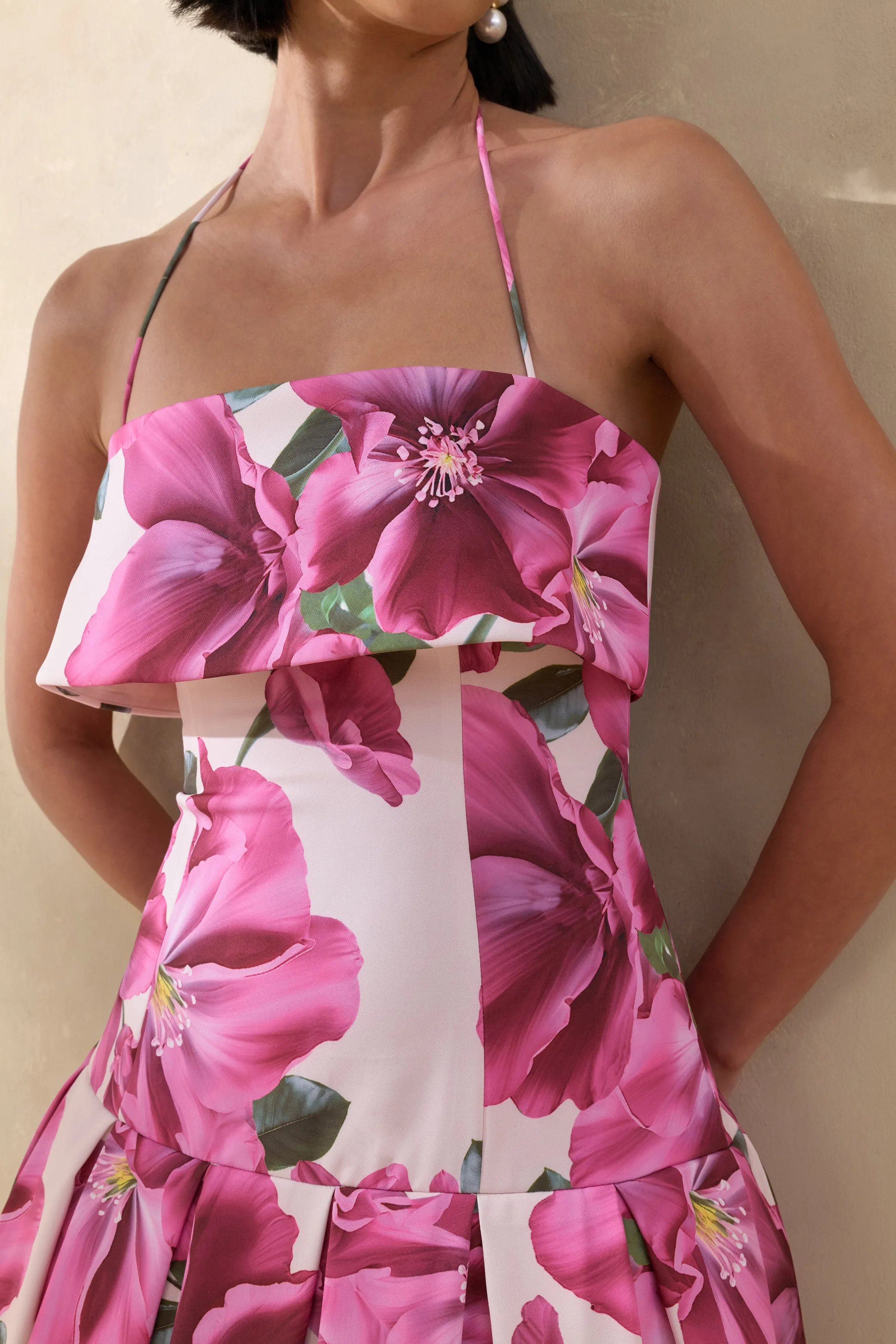 Sylina | Pink Hibiscus Floral Print Square-Neck Midi Dress With Drop Waist sold by Club L London product image thumbnail 3