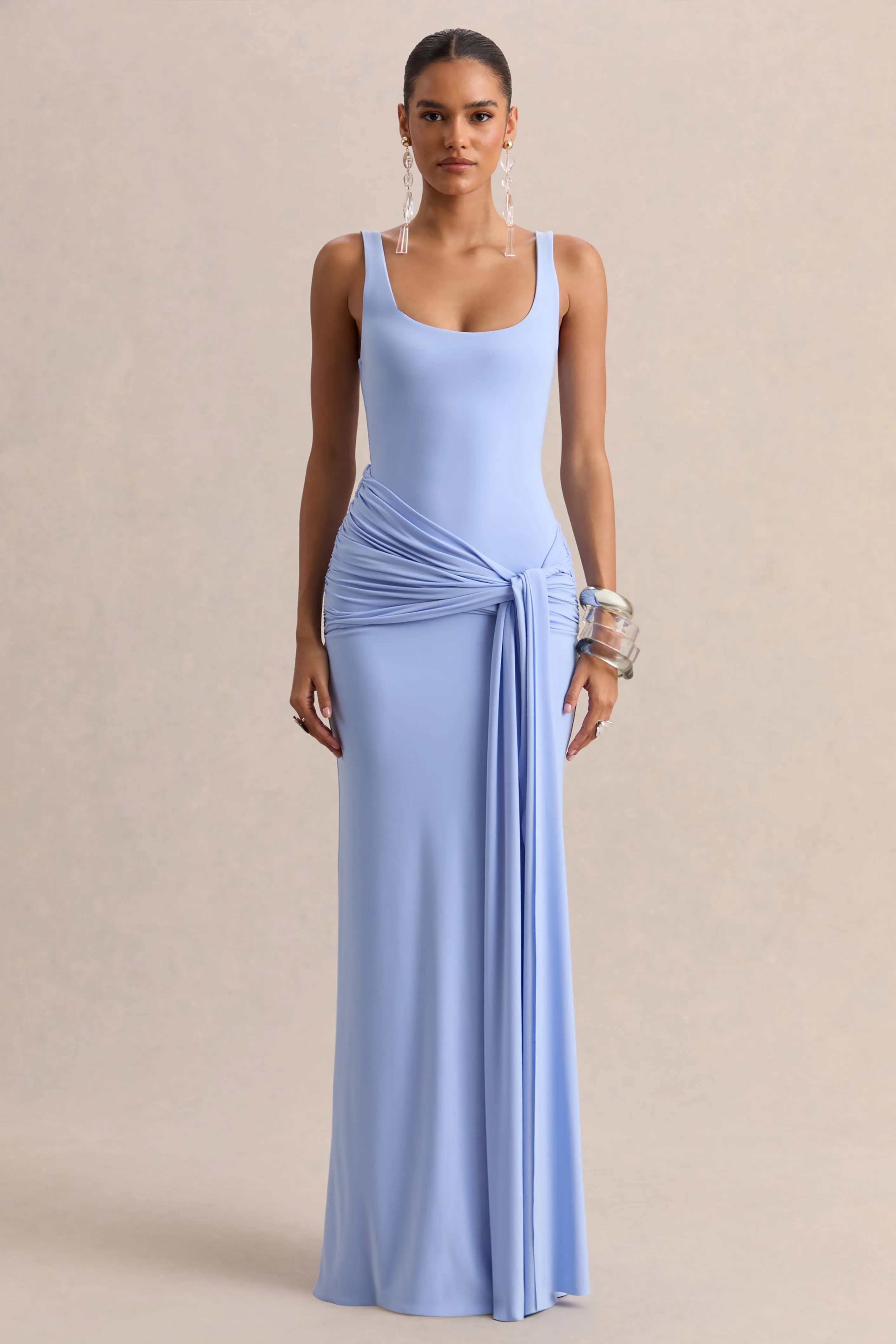 Lienna | Powder Blue Scoop-Neck Maxi Dress With Gathered-Detail And Sash sold by Club L London product image thumbnail 5