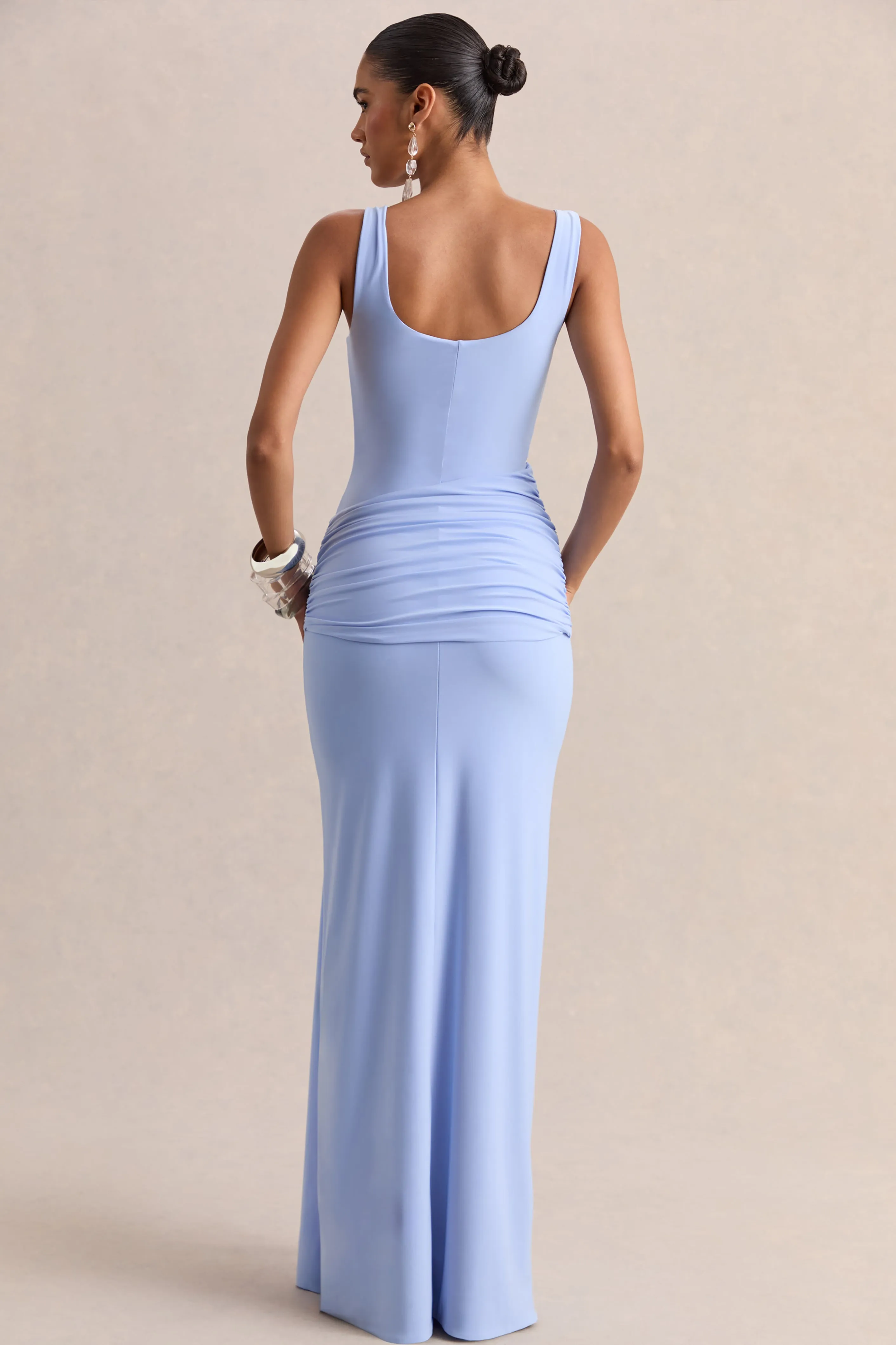 Lienna | Powder Blue Scoop-Neck Maxi Dress With Gathered-Detail And Sash sold by Club L London product image thumbnail 2
